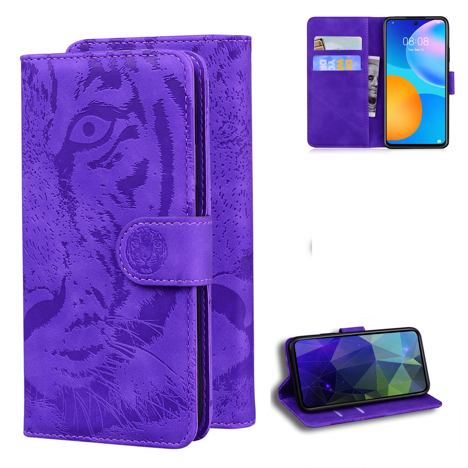 

Couverture de Boîtier de Porte-support Tigre Imprimé Pour Huawei P Smart 2021 / Huawei Y7a - Violet, Huawei Huawei P smart 2021