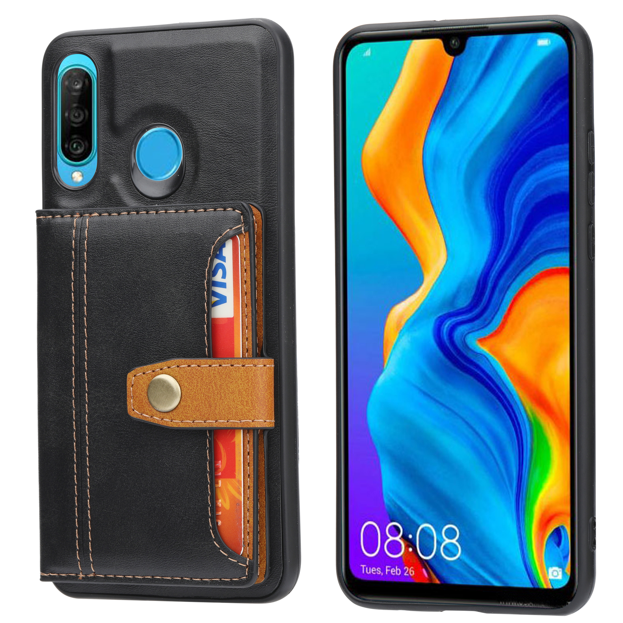 

Kartensteckplätze Kickstand PU Lederbeschichtete TPU -hülle Für Huawei P30 Lite Cover - Schwarz, Huawei P30 Lite