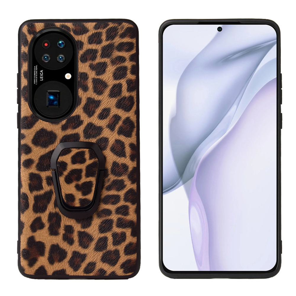 

For Huawei P50 Shockproof Phone Case PU Leather Coated TPU Kickstand Cover - Leopard Texture