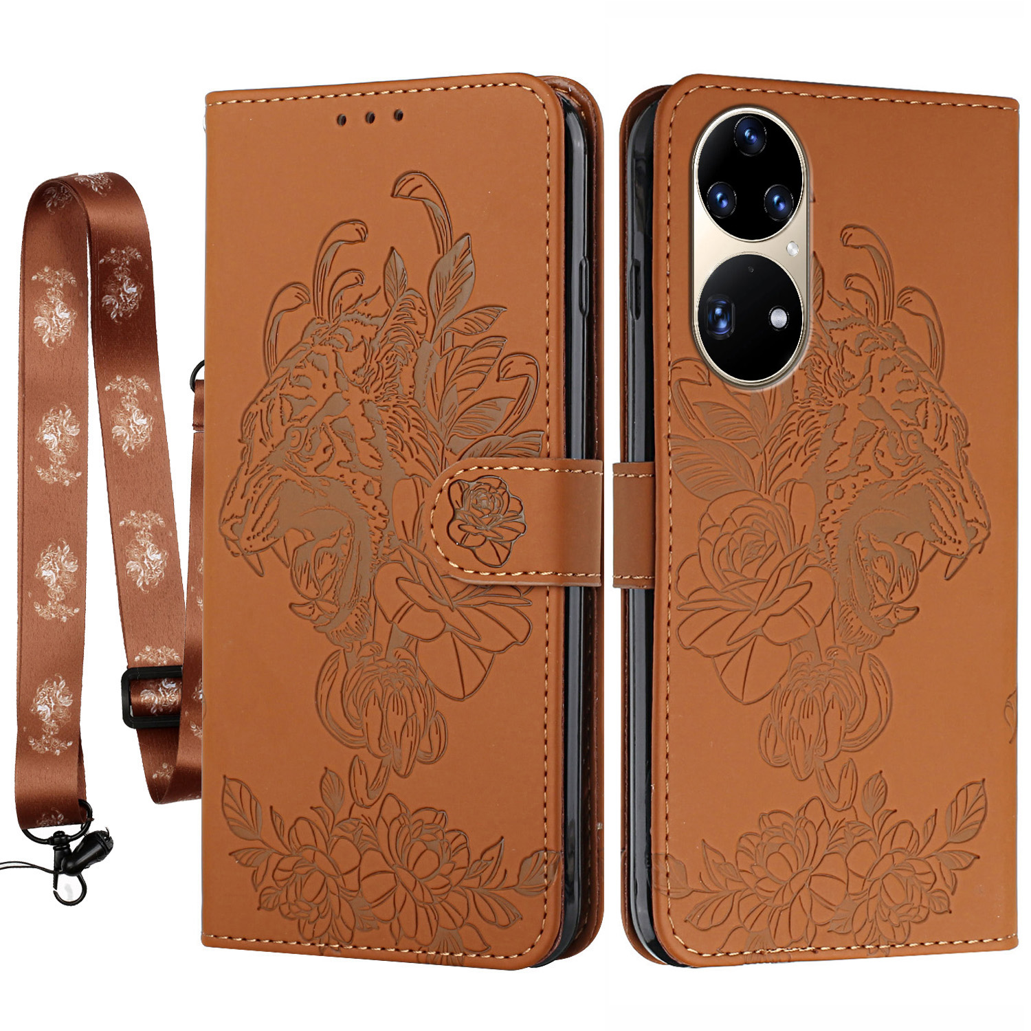 

Tiger- Und Blumenabdruckmuster-drop-resistenter Lederschale Mit Ständer Für Huawei P50 Pro - Braun, Huawei P50 Pro 4G