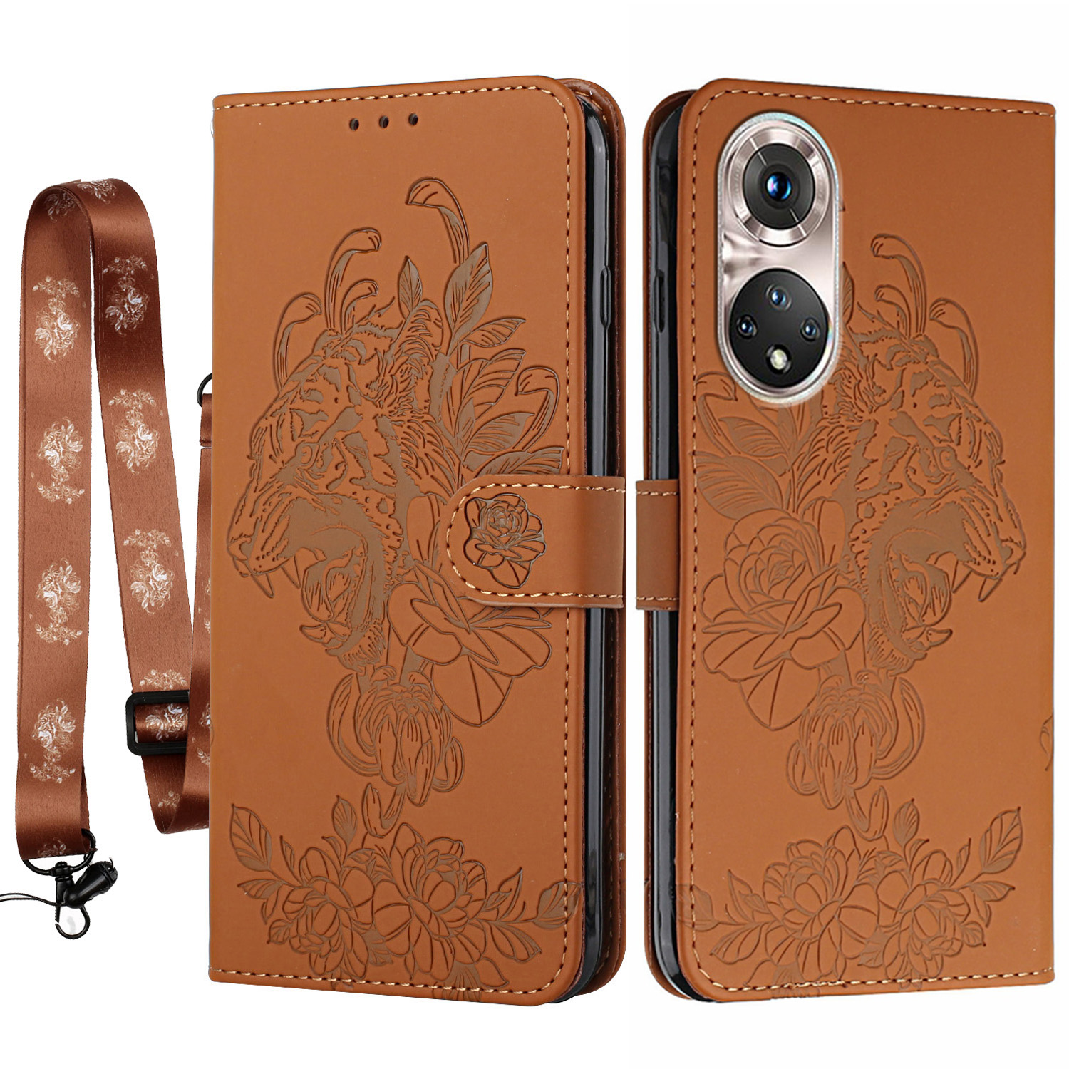 

Tiger- Und Blumenabdruckmuster Lederstand Hülle Für Huawei P50 - Braun, Huawei P50 4G