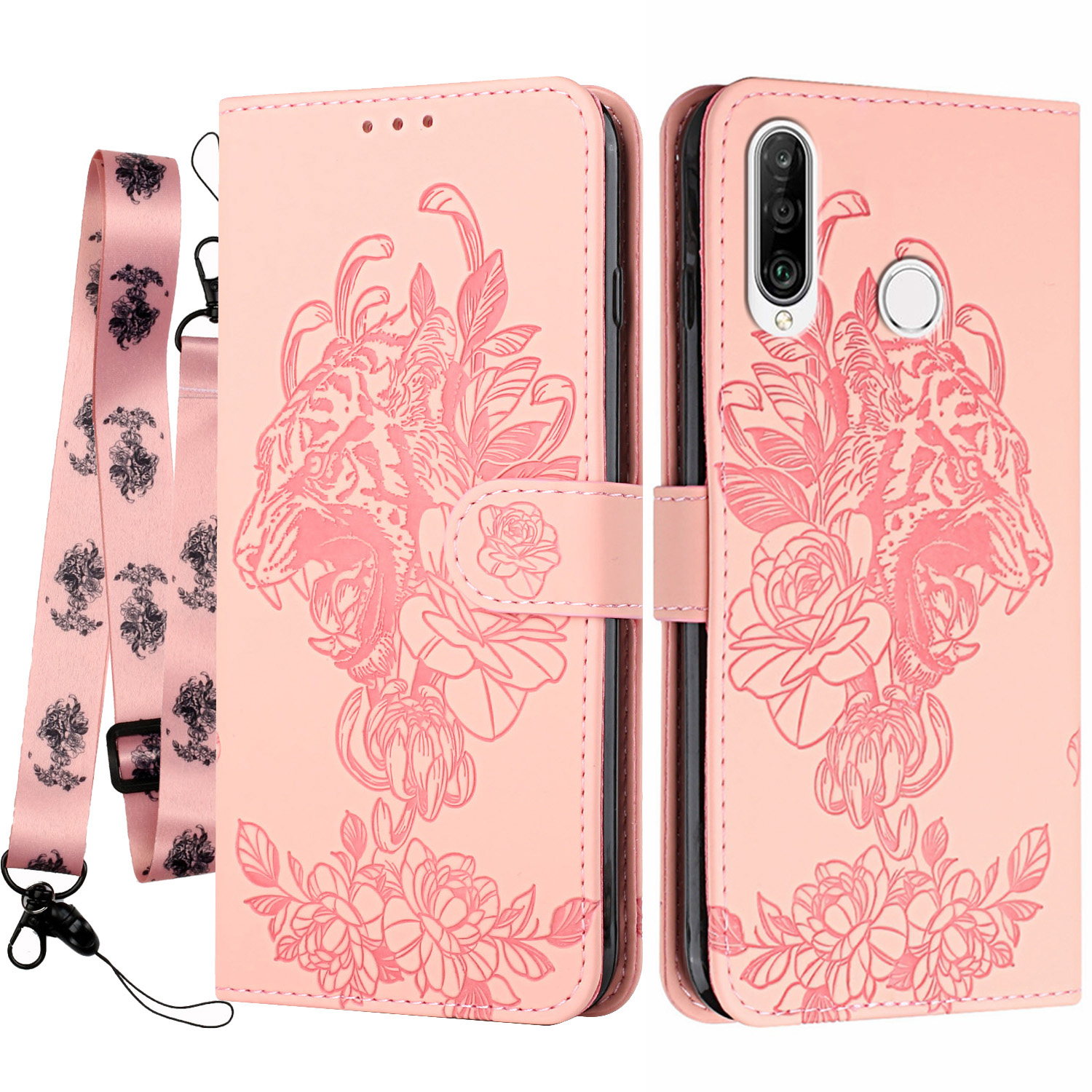 

Tiger Blumenmuster Impressum PU Leder Brieftasche Stoßdämpfer Ständer Flip Magnethülle Mit Lanyard Für Huawei P30 Lite - Rosa, Huawei P30 Lite