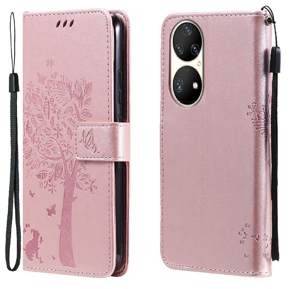 

Gut Geschützte Kt-sprengblumen-serie-3 Eingeprägter Katzenbaum-leder-brieftaschenschalenabdeckung Für Huawei P50 Pro - Roségold, Huawei P50 Pro 4G
