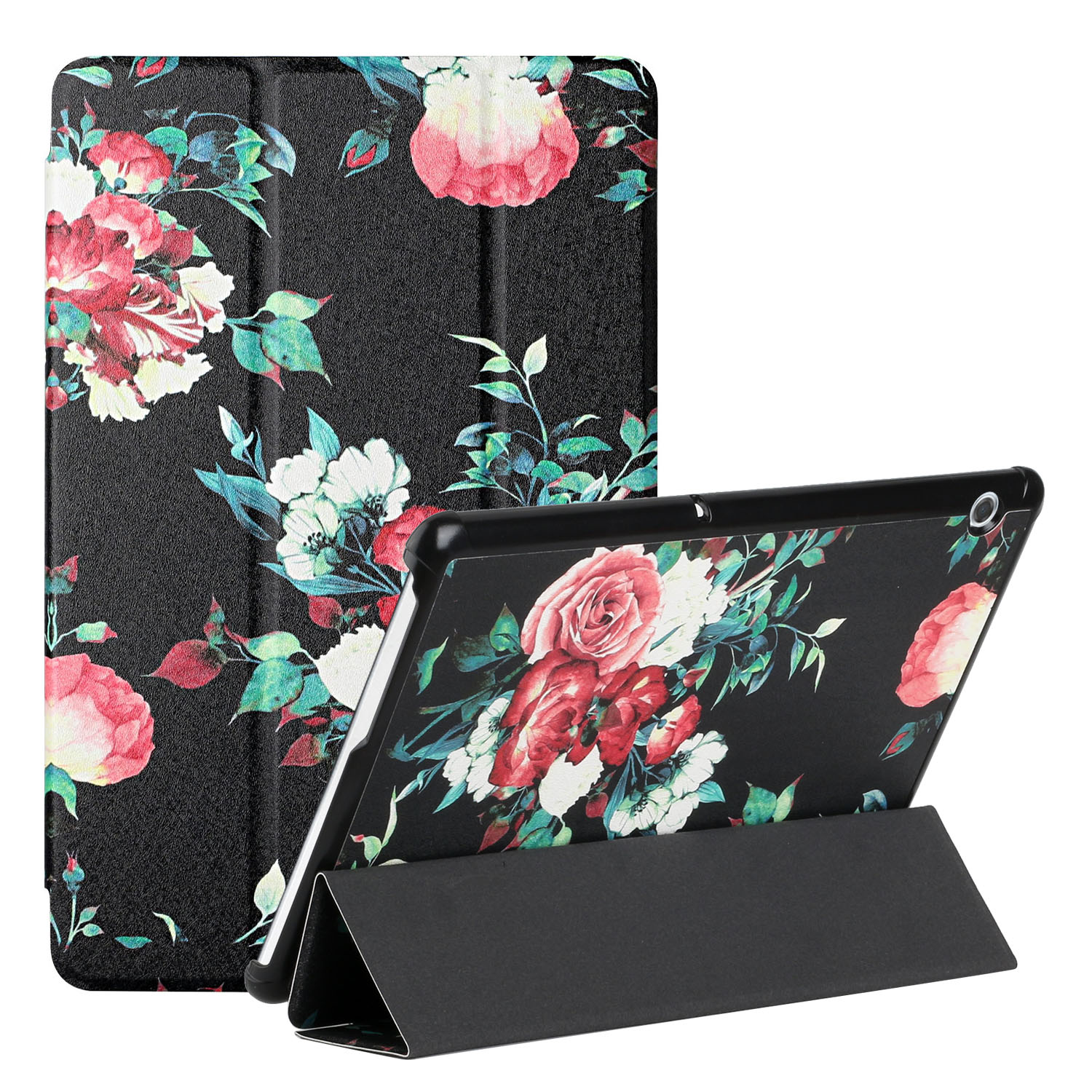 

Eine Serie Seide Textur Musterdruck Ledertasche Tabletabdeckung Mit Stand Für Huawei Mediapad T5 / M5 Lite 10 (2018) - Schwarze Pfingsteile, Huawei MediaPad T5 10.1