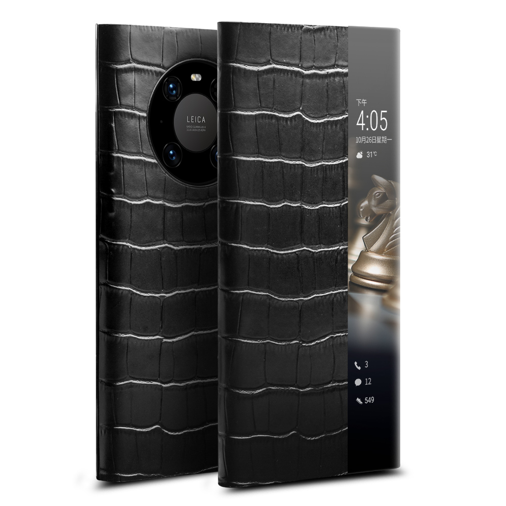 

QIALINO Crocodile Texture Véritable Cover Smart Cover Avec Fenêtre Vue Intelligente Pour Huawei Mate 40 Pro - Le Noir, Huawei Huawei Mate 40 Pro