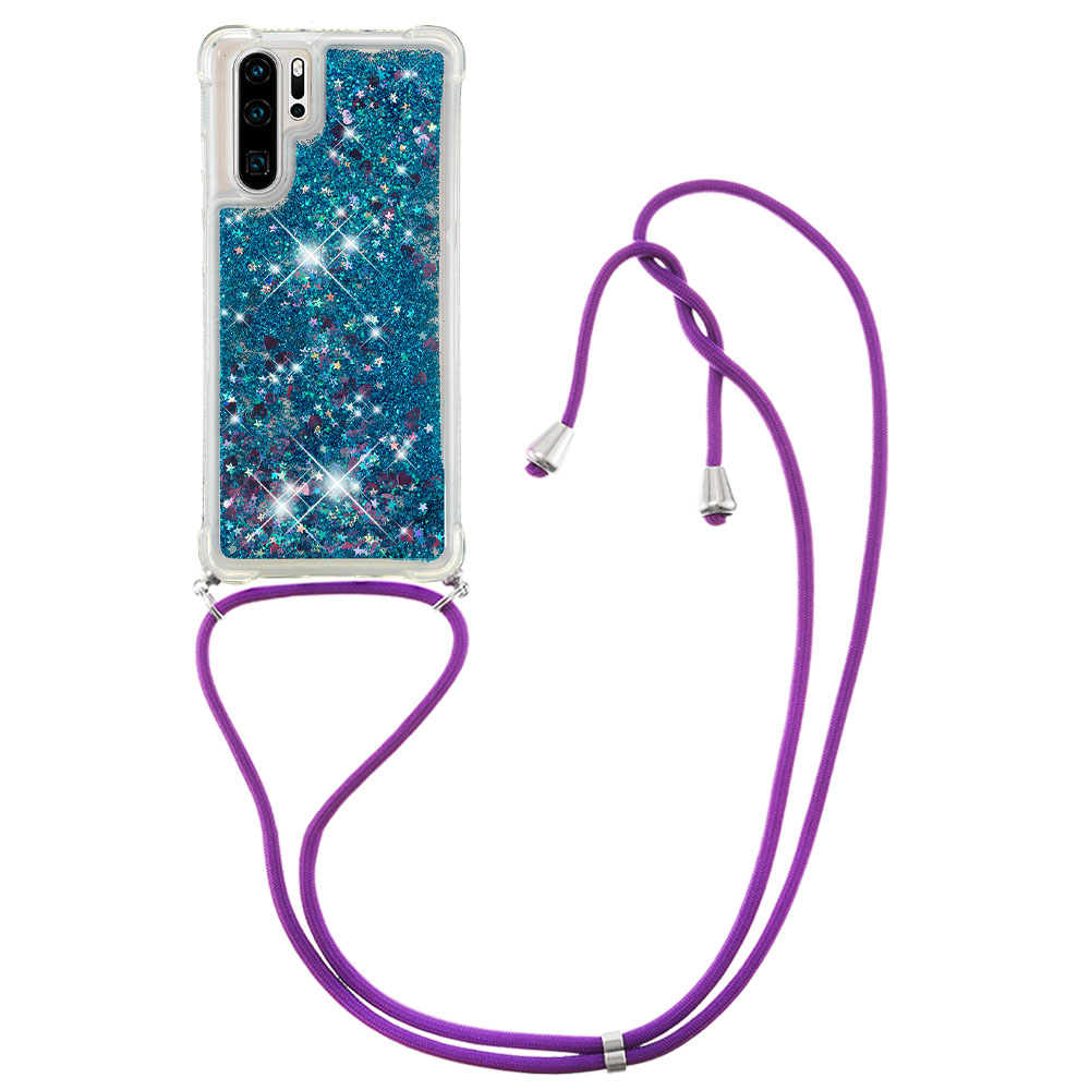 

TPU TPU Anti-sratch Quicks Sands Glitter Mobile Phonee Case Protector Avec Lanière Réglable Pour Huawei P30 Pro - Coeurs Bleus