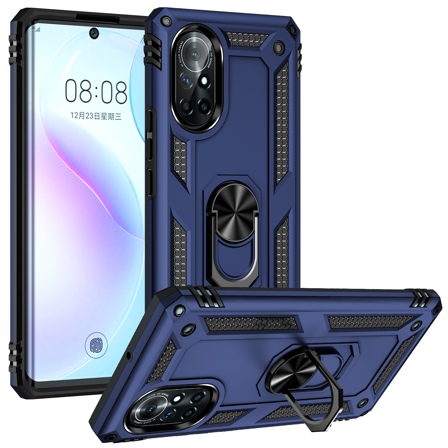 Rotary Ring Holder Kickstand PC + TPU Dual-layer Hybrid Phone Cover with Built-in Metal Sheet for Huawei nova 8 - Blue
