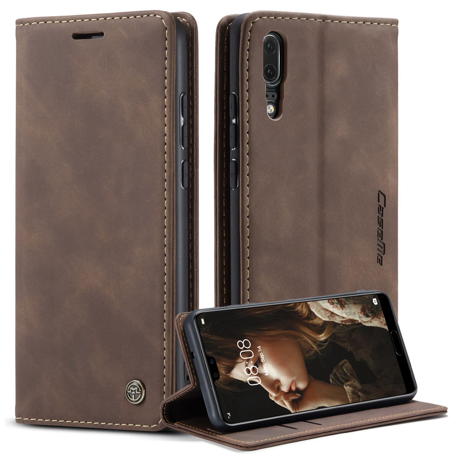 

Caseme 013-Serie Für Huawei P20 Foldable Stand Phone Cover Automatisch Absorbiertes PU Leder Brieftaschenhülle - Kaffee, Huawei P20