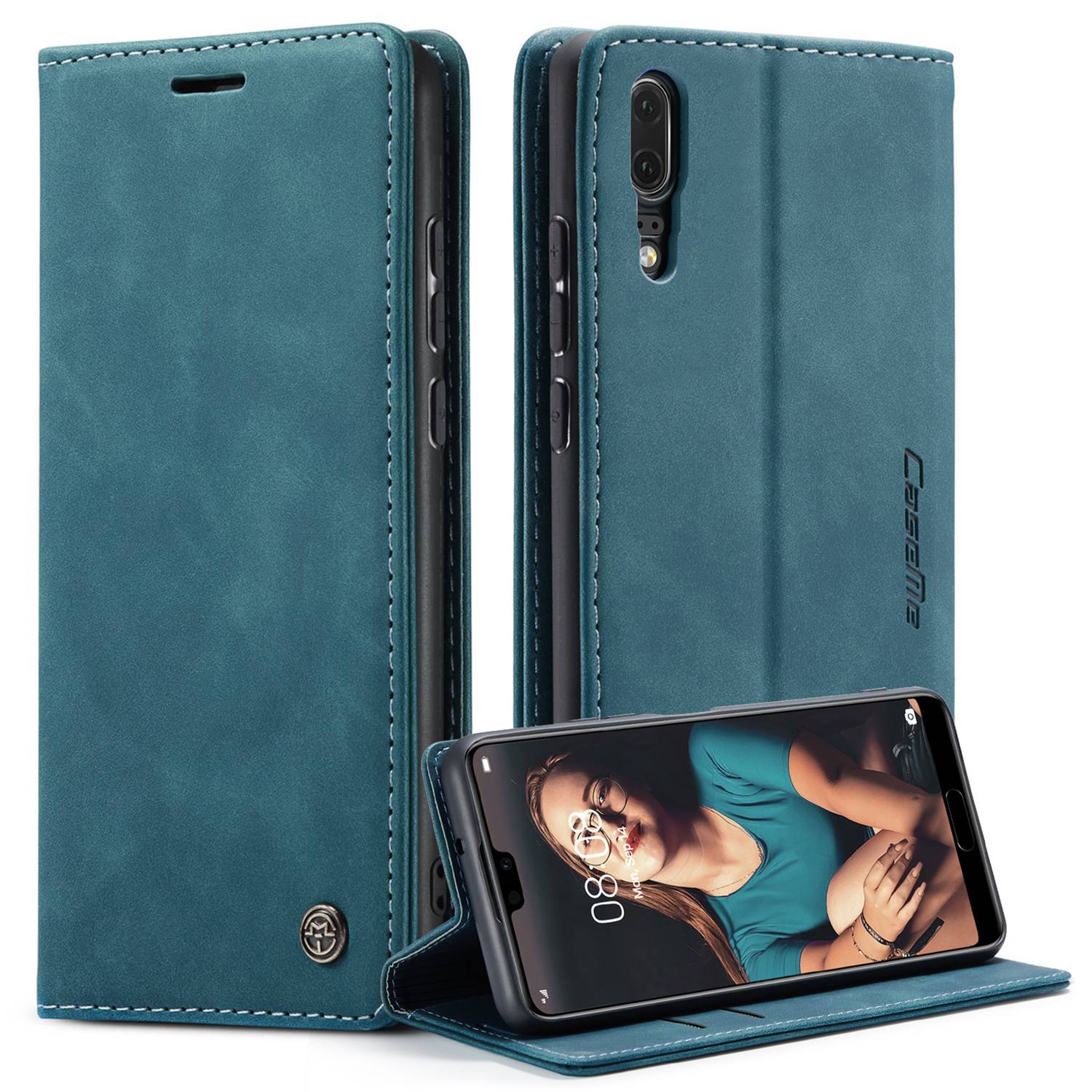 

Caseme 013-Serie Für Huawei P20 Foldable Stand Phone Cover Automatisch Absorbiertes PU Leder Brieftaschenhülle - Blau, Huawei P20