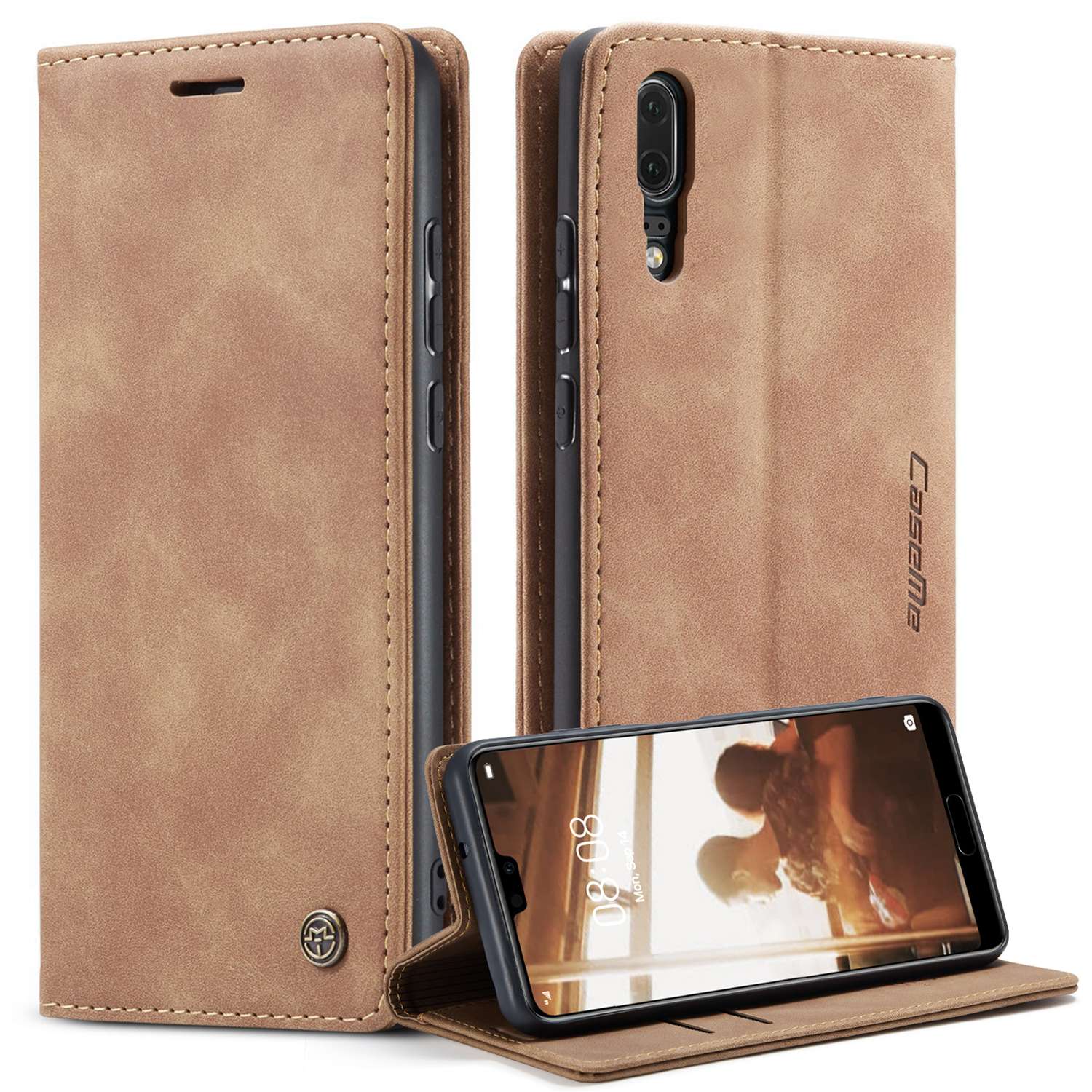 

Caseme 013-Serie Für Huawei P20 Foldable Stand Phone Cover Automatisch Absorbiertes PU Leder Brieftaschenhülle - Braun, Huawei P20