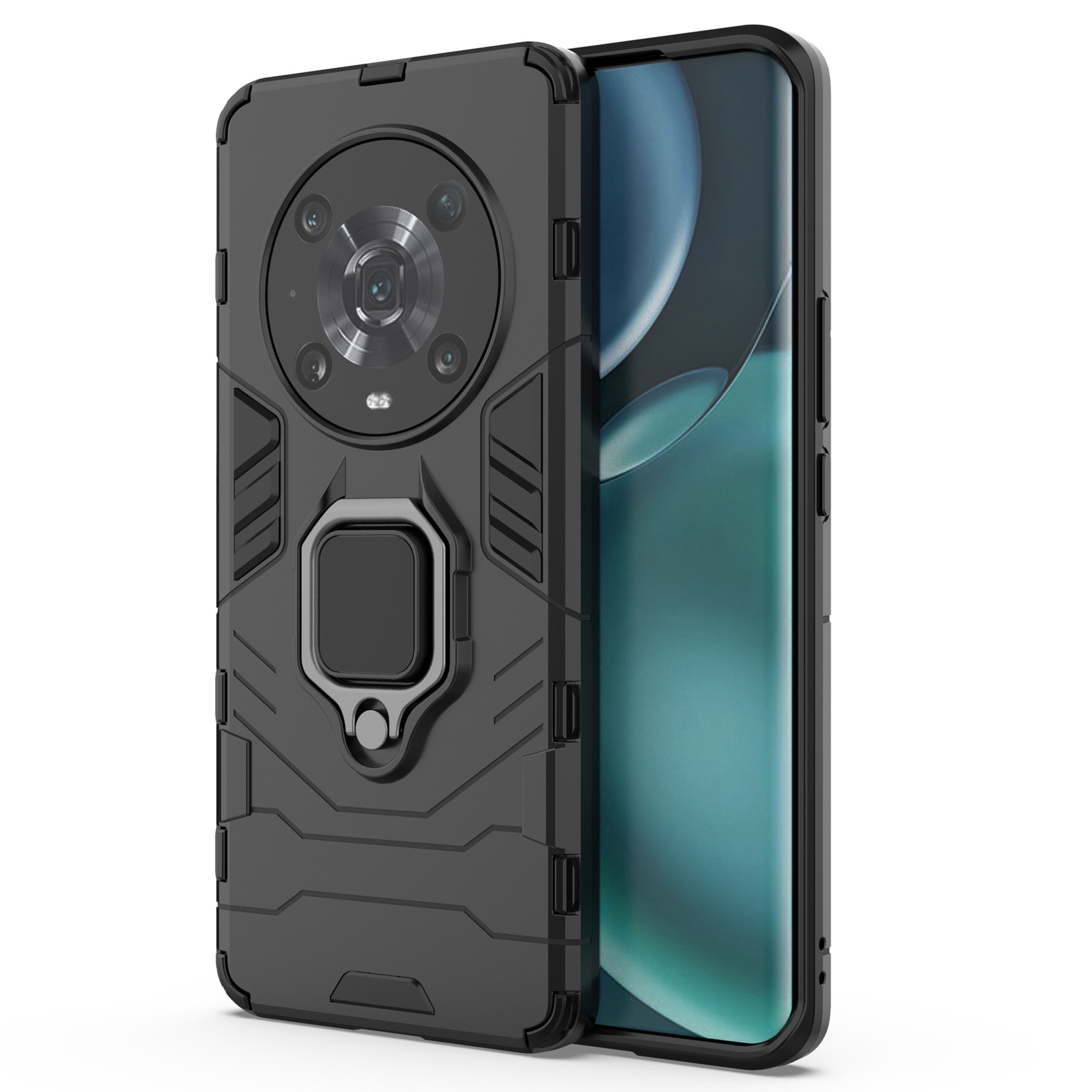 

Für Honor Magic4 Pro Wear-resistente TPU+PC Phone Case Military Grade Ringhalter Kickstand Back Shell - Schwarz, Honor Magic4 Pro 5G