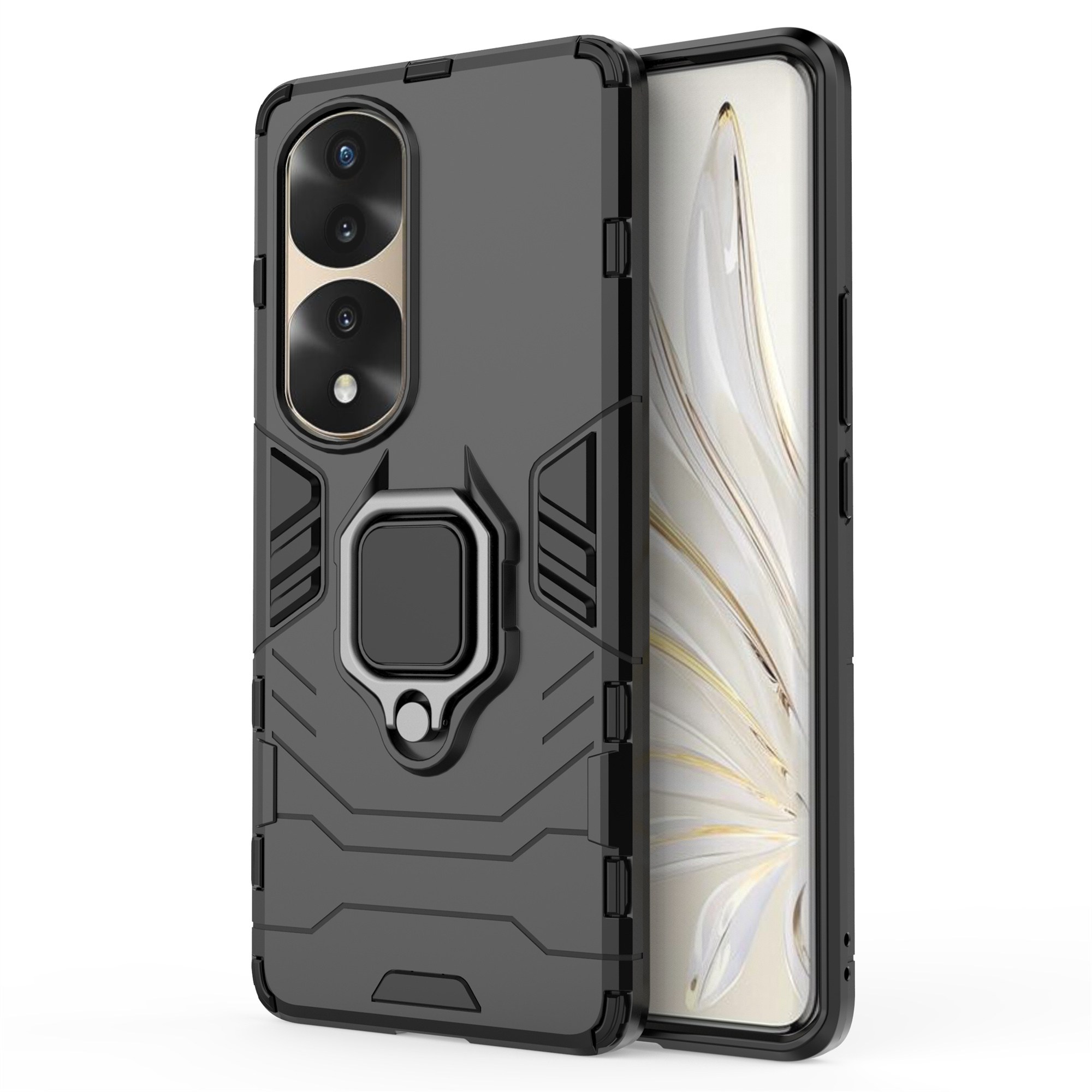 

Für Honour 70 Pro 5G TPU+PC Kratzfeste Mobilfunkkoffer Military Grade Ringhalter Kickstand Back Protector - Schwarz, Honor 70 Pro 5G