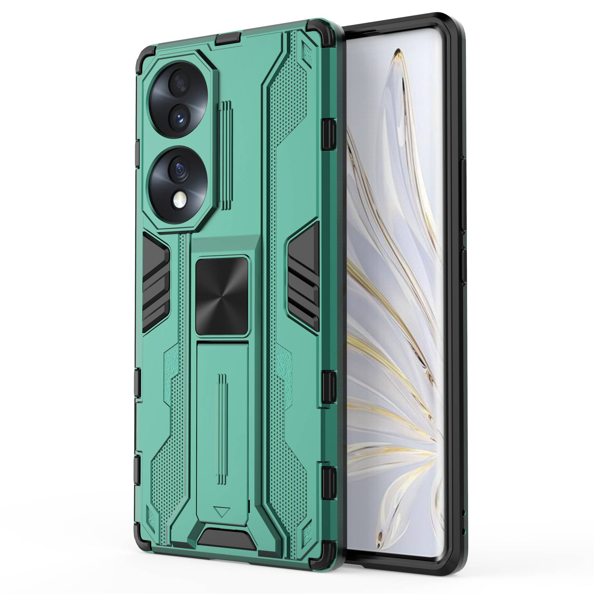 

Für Honour 70 5G Telefonkoffer Kickstand Hartes PC Soft TPU Dual Layer Anti-rutsch Robuste Schutzschutzabdeckung - Grün, Honor 70 5G