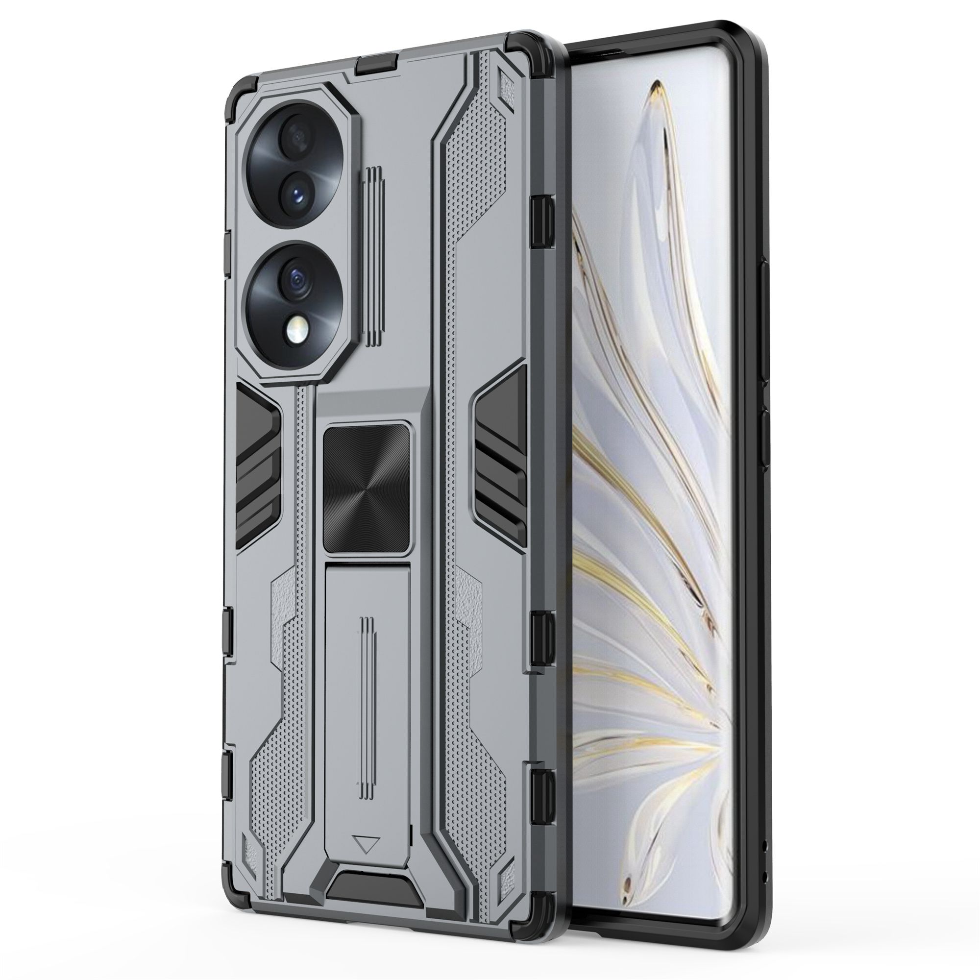 

Für Honour 70 5G Telefonkoffer Kickstand Hartes PC Soft TPU Dual Layer Anti-rutsch Robuste Schutzschutzabdeckung - Grau, Honor 70 5G