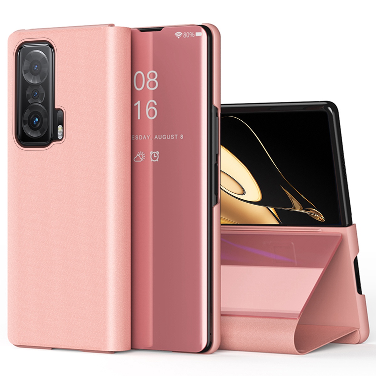 

Für Die Ehre Magic V Clear View Fenster Elektroplate Flip Mirror Hülle PU Lederständer Kratzfeste Ganzkörperschutzabdeckung - Roségold, Honor Magic V