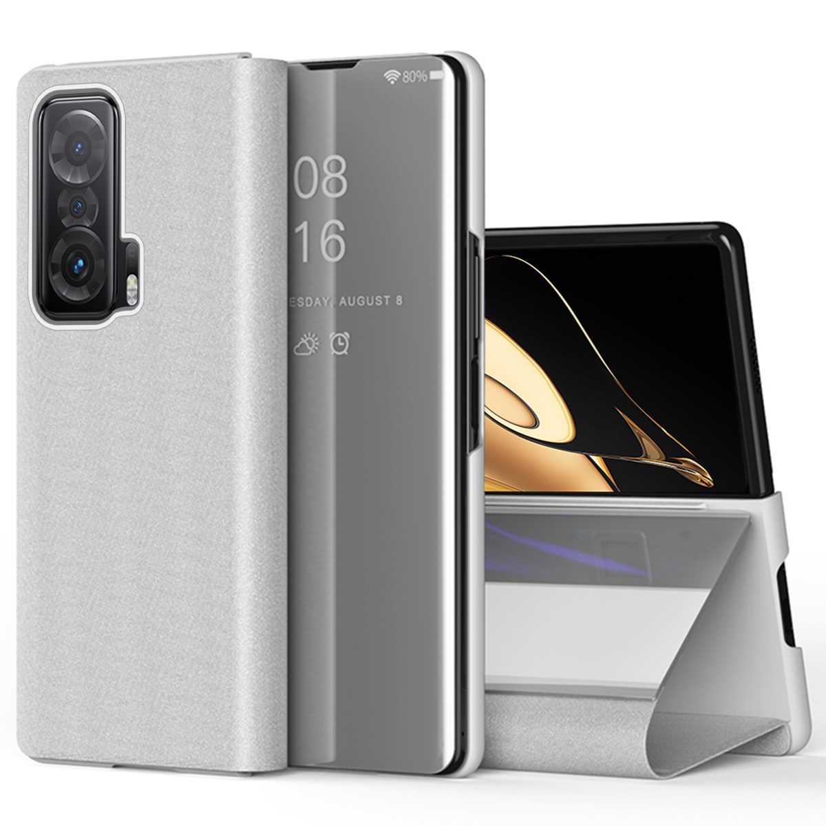 

Für Die Ehre Magic V Clear View Fenster Elektroplate Flip Mirror Hülle PU Lederständer Kratzfeste Ganzkörperschutzabdeckung - Silber-, Honor Magic V