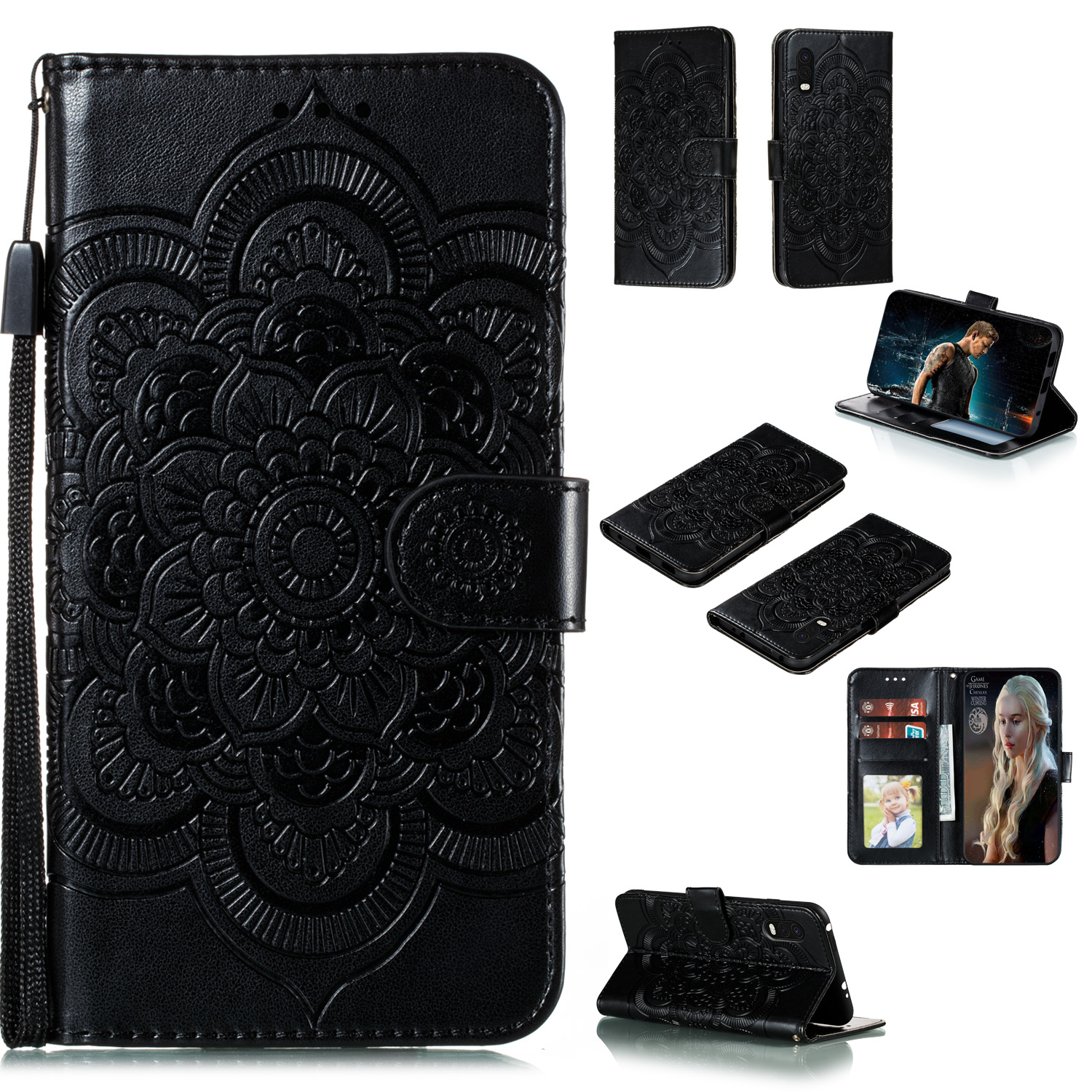 

Imprint Mandala Flower Leather Phone Cover Case for Samsung Galaxy Xcover Pro - Black, Galaxy Xcover Pro