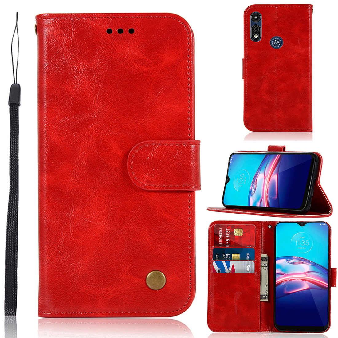 

Premium Vintage Wallet Stand Leather Cover for Motorola Moto E (2020) - Red