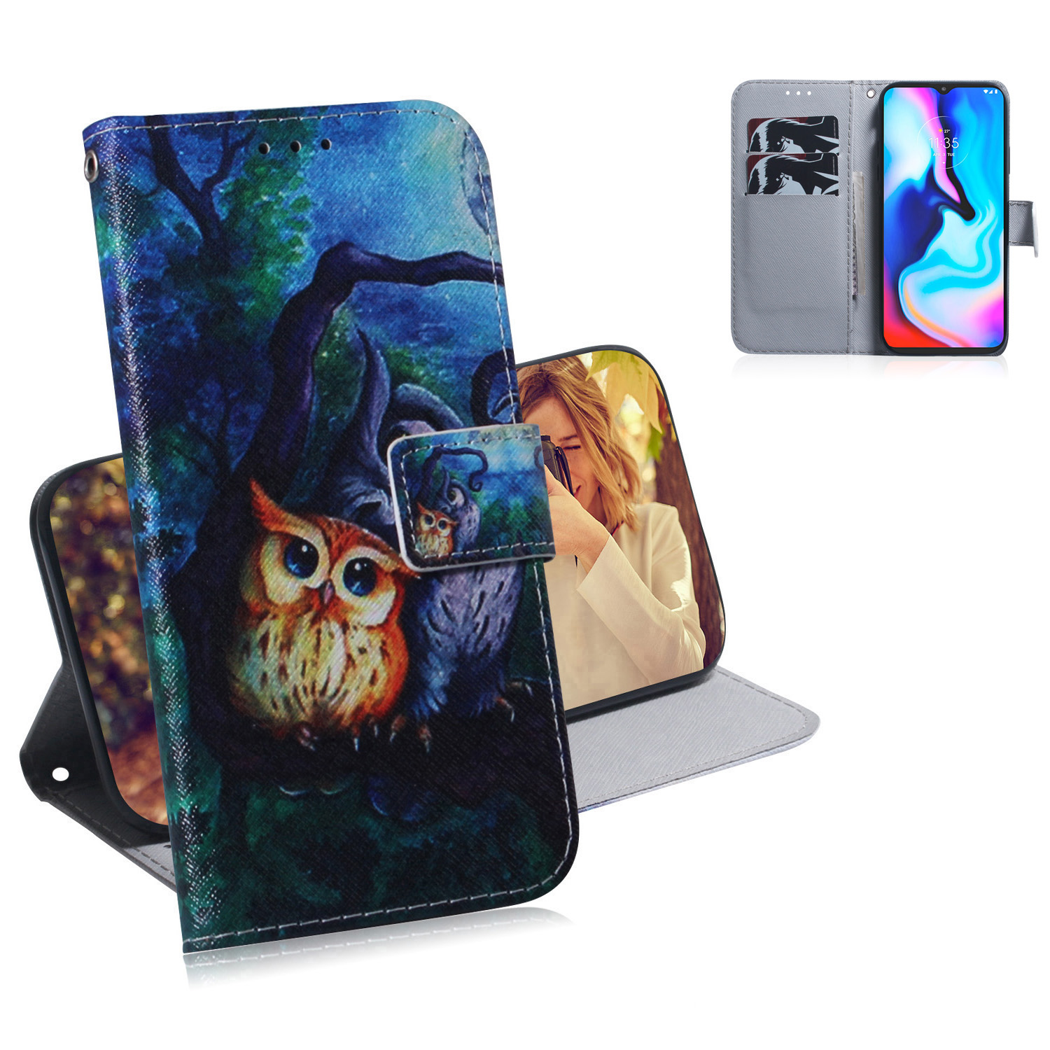 

Gemusterte PU Leder Brieftasche Hülle Für Motorola Moto G9 Play/Moto E7 Plus/Moto G9 (indien) Shell - Eule, Motorola Moto G9 Play