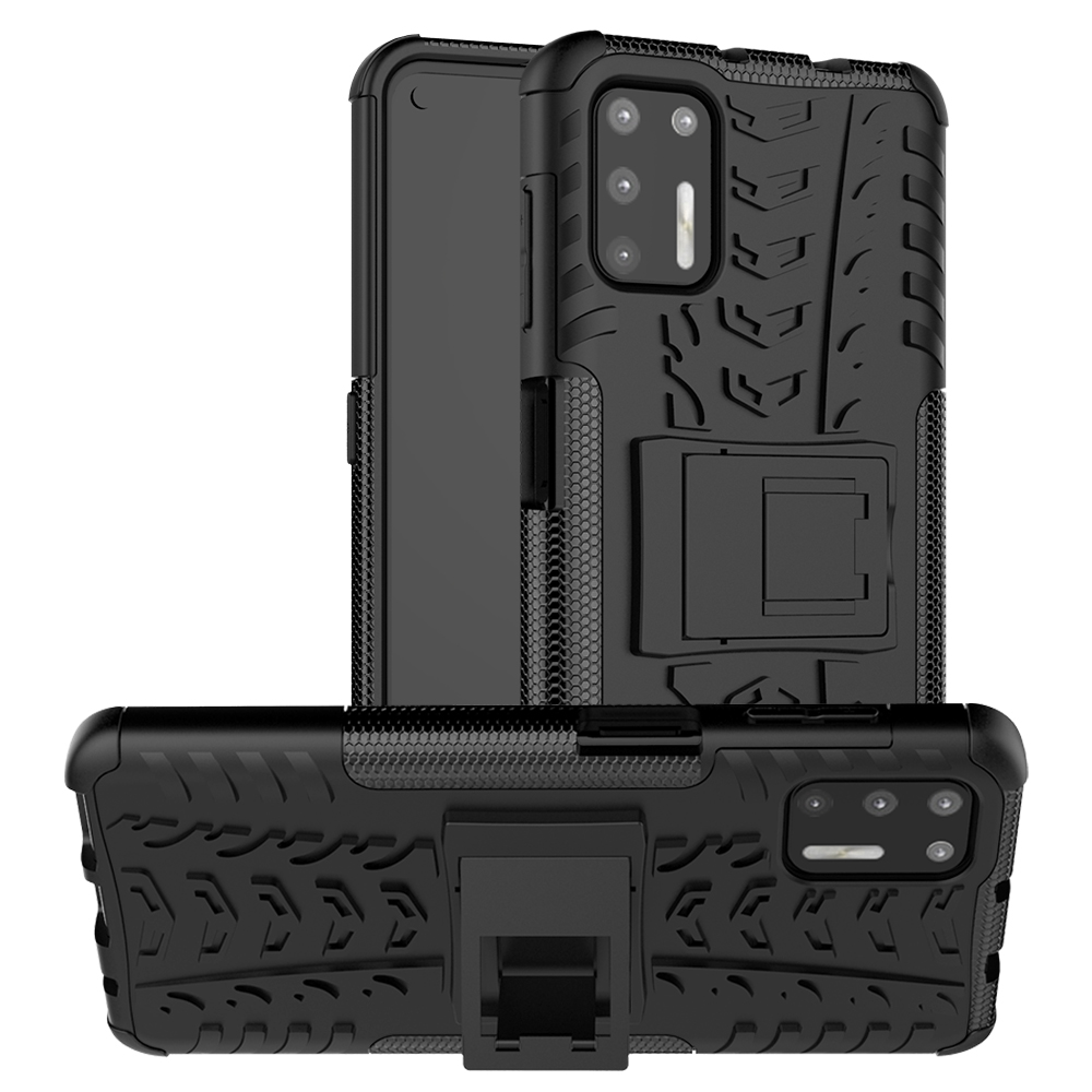

Cool Tire PC + TPU Hybrid -telefonhülle Für Motorola Moto G9 Plus Kickstand Cover - Alles Schwarz, Motorola Moto G9 Plus