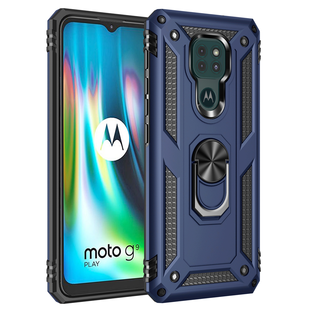 

Ring-kickstand-cover Für Motorola Moto G9 Play Hybrid PC + TPU Anti-drop-telefon Shell - Blau, Motorola Moto G9 Play