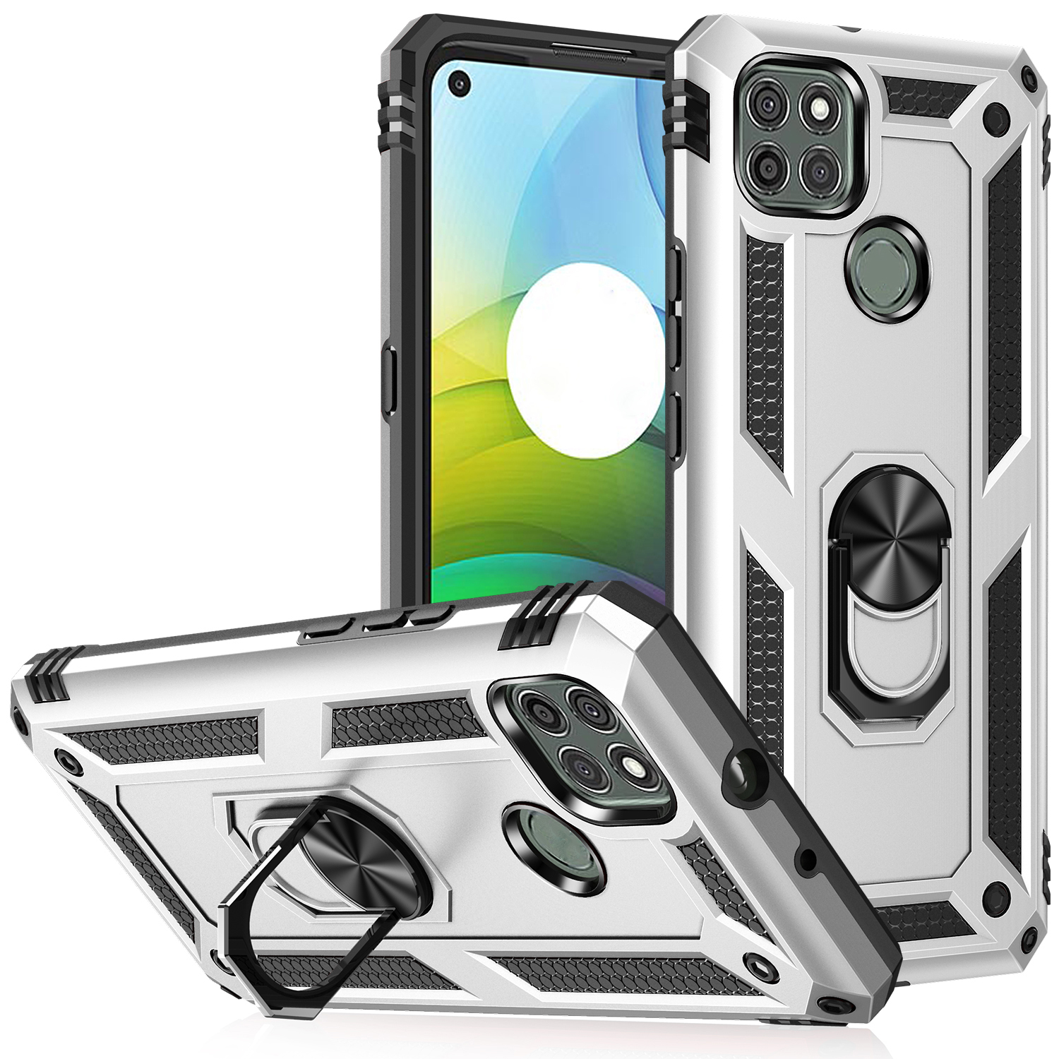

Rüstung Anti-Herbst-Metallring Kickstand Hybrid-PC-TPU-Shell Für Motorola Moto G9 Macht - Silber-, Motorola Moto G9 Power
