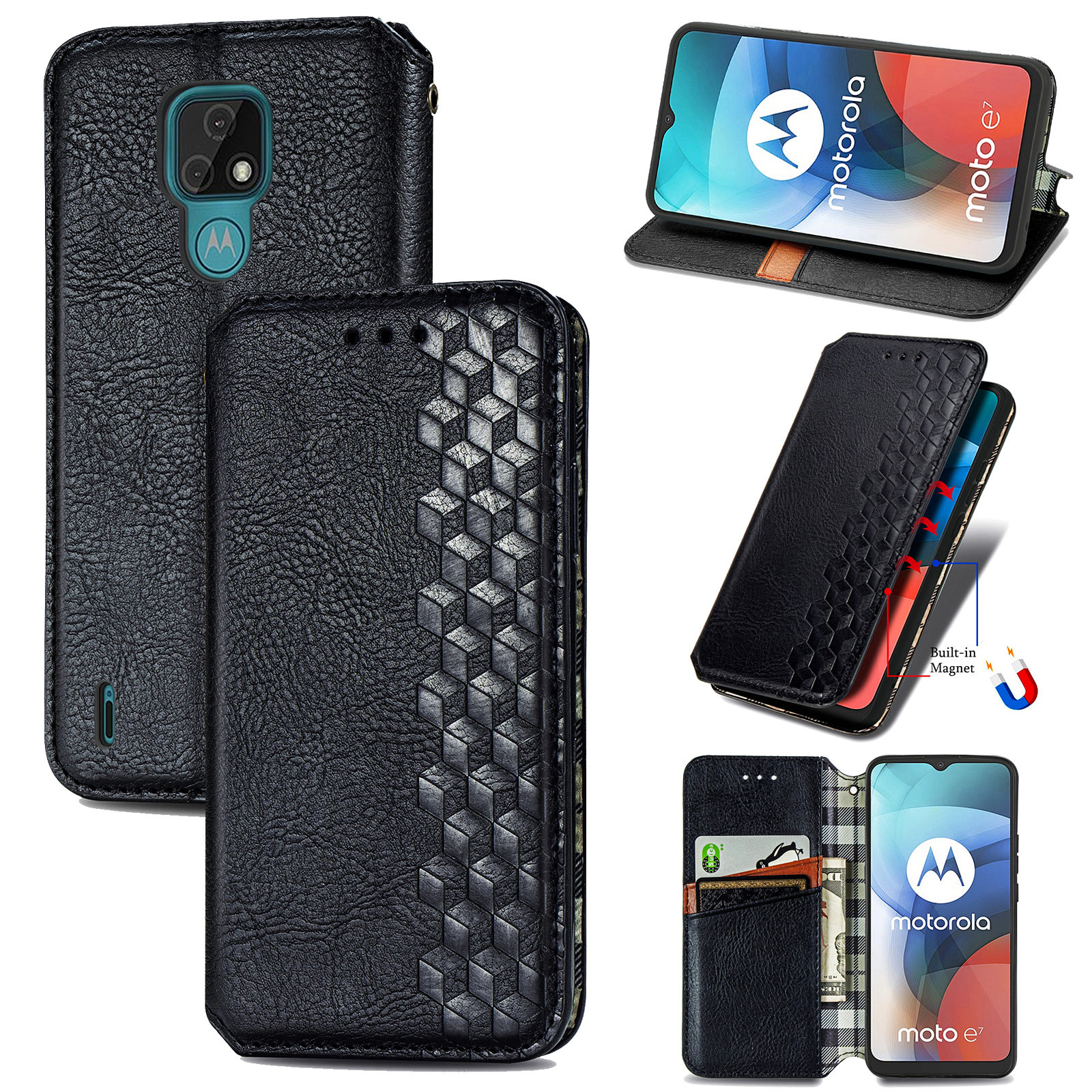 

Automatisch Absorbiertes Rhombus-sprudel-leder-telefonabdeckungsfall Für Motorola Moto E7 - Schwarz, Motorola Moto E7
