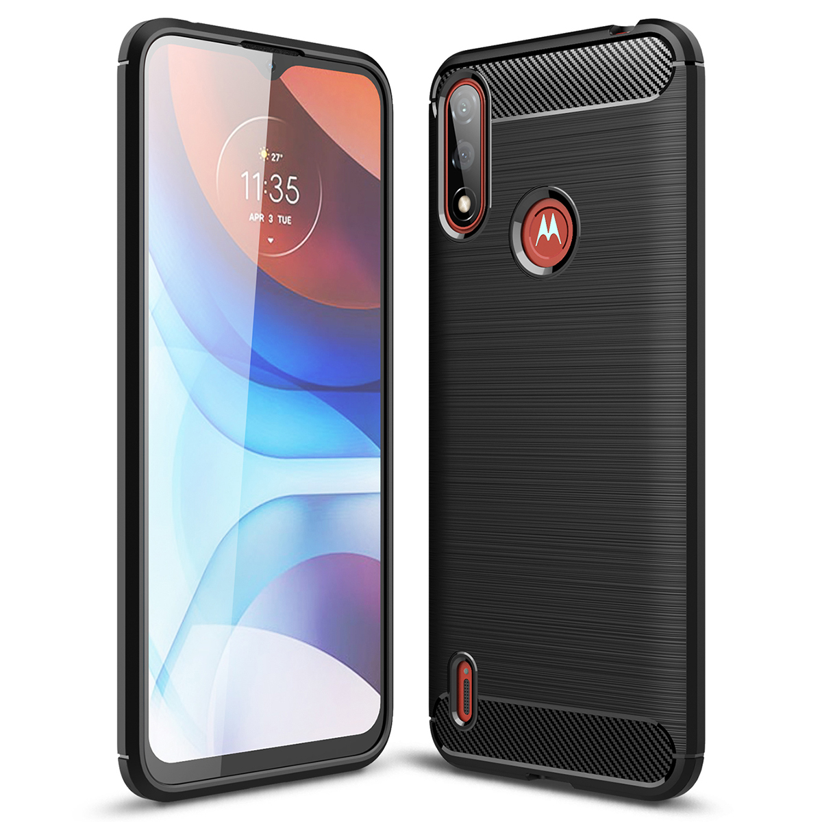 

For Motorola Moto E7 Power/Moto E7i Power Scratch Resistant Soft Skin TPU Back Case Brushed Carbon Fiber Protective Cover - Black
