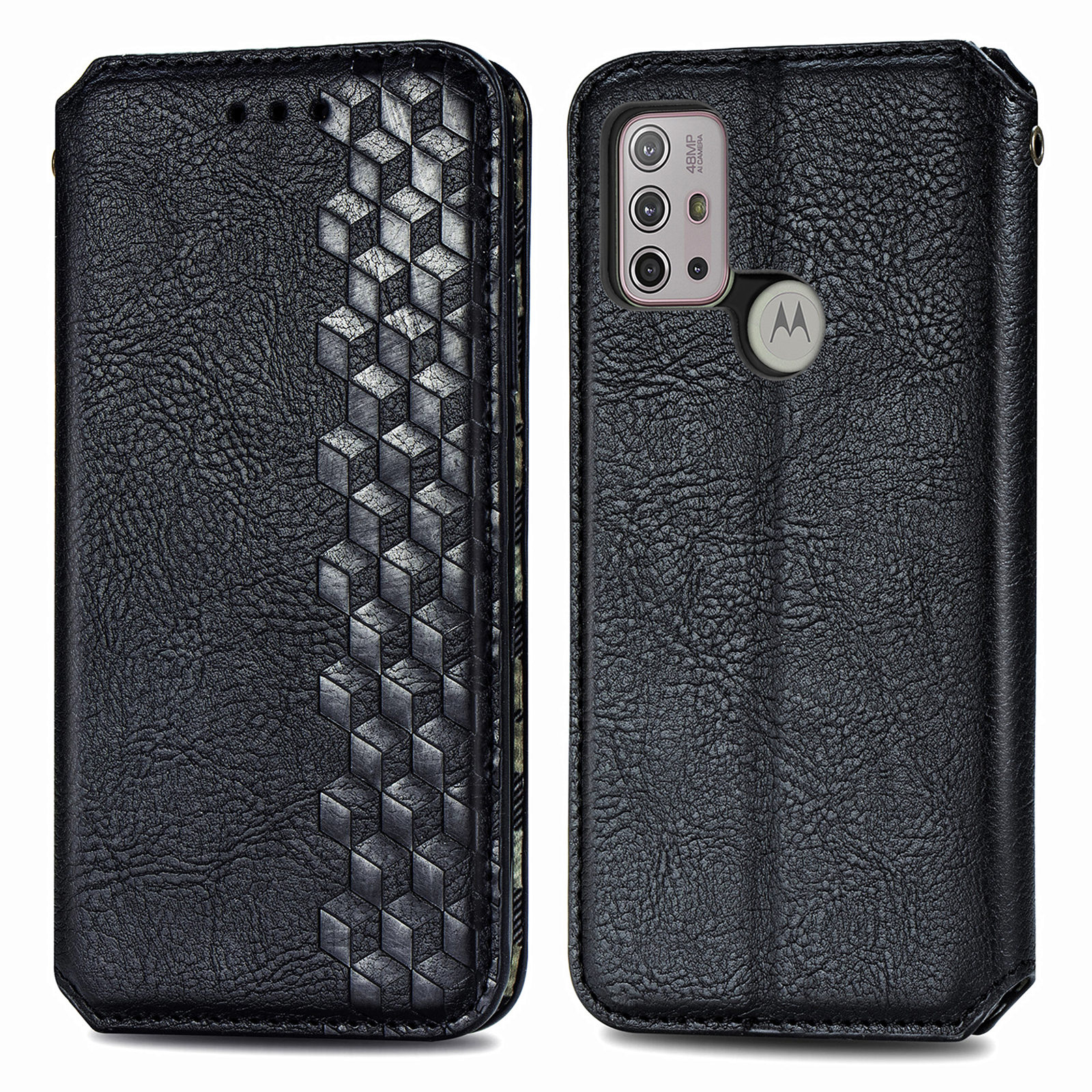 

Wallet Stand Design Rhombus Impressum Auto Absorbiert PU Ledertasche Für Motorola Moto G30 - Schwarz, Motorola Moto G30