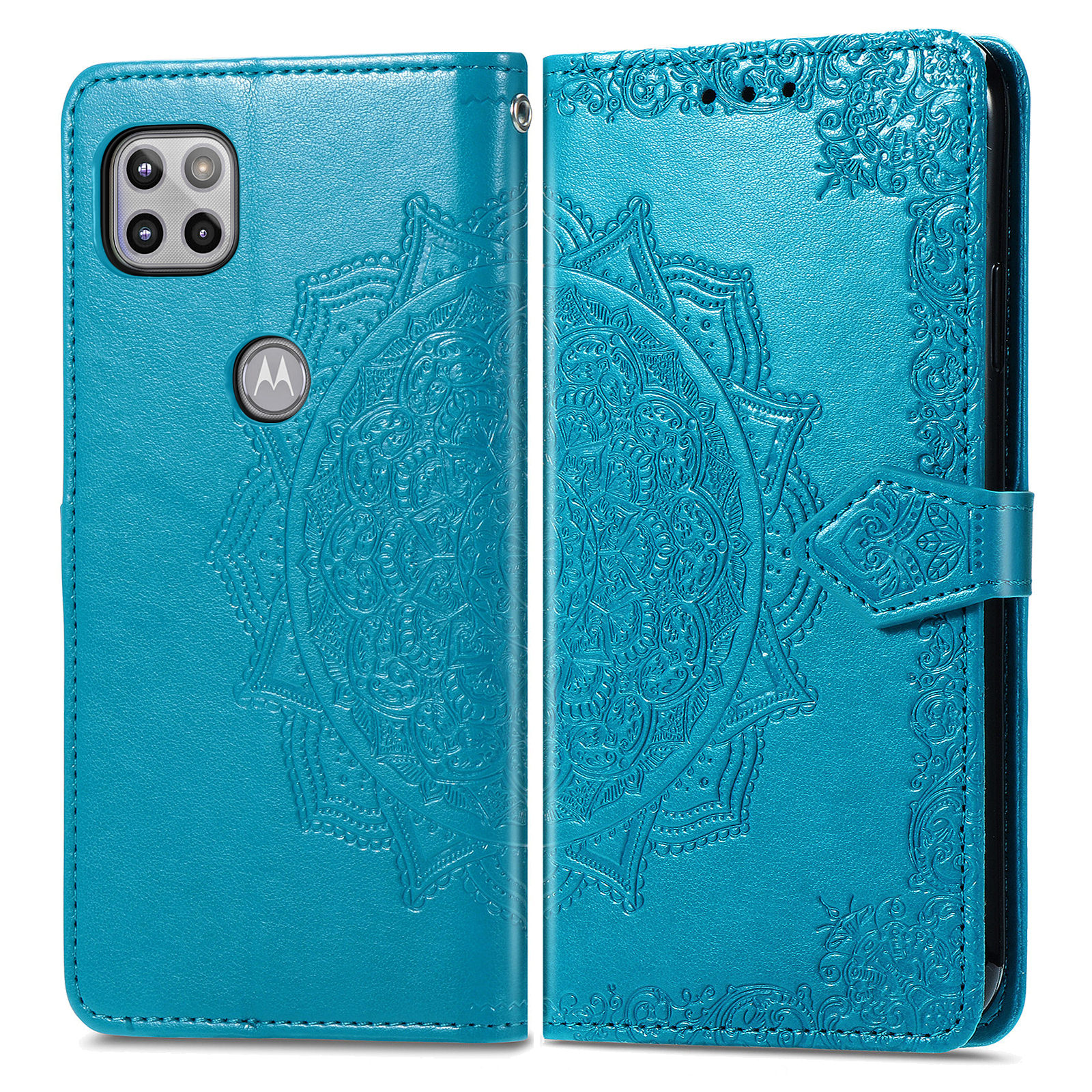 Wallet Stand Leather Case with Mandala Flower Embossment for Motorola One Ace - Blue