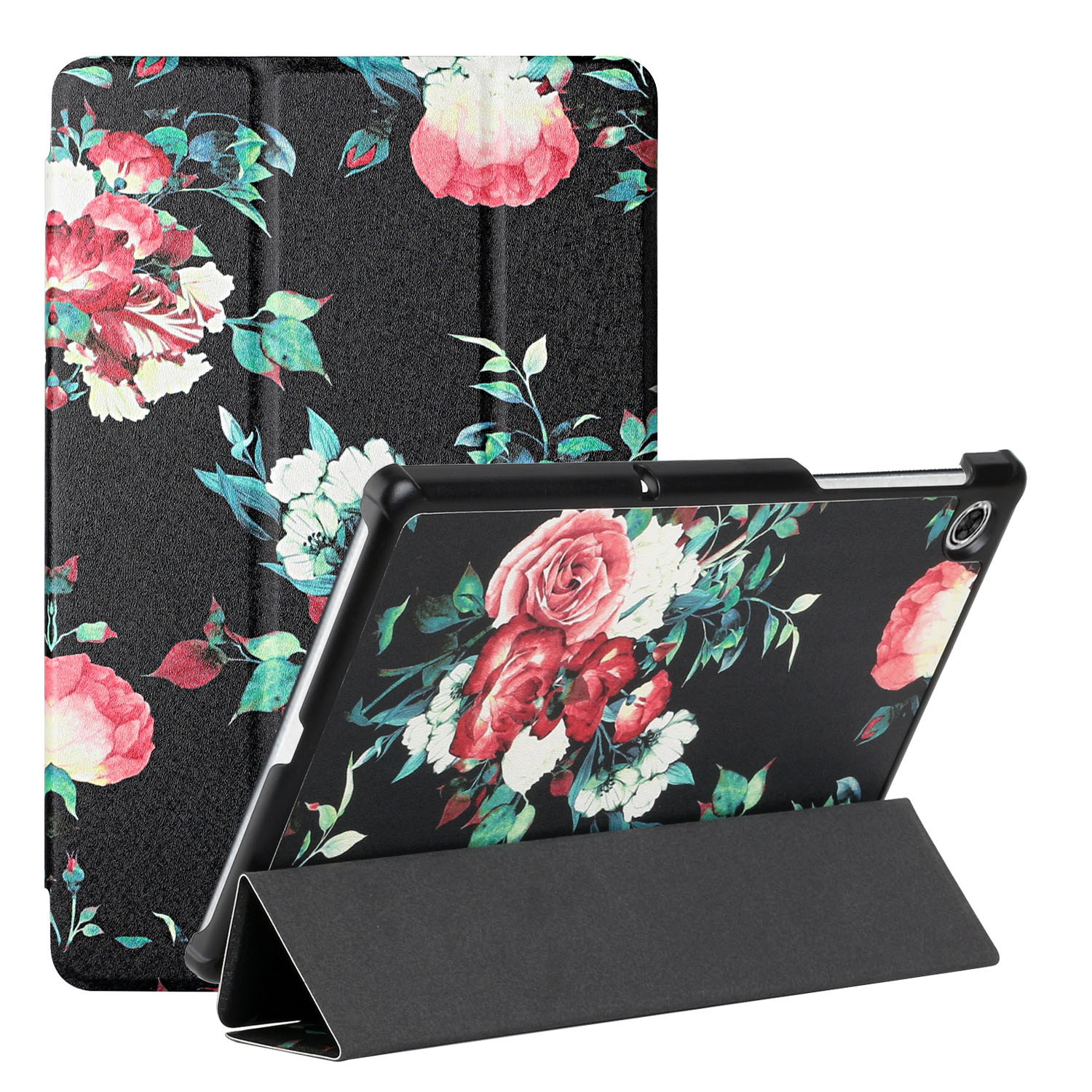 

Ein Serienmusterdruckseiden Textur Leder-hülle-ständer Cover Für Lenovo Smart Tab M10 FHD Plus/M10 Plus 10,3 Zoll - Schwarze Pfingstrosen, Lenovo Tab M10 Plus