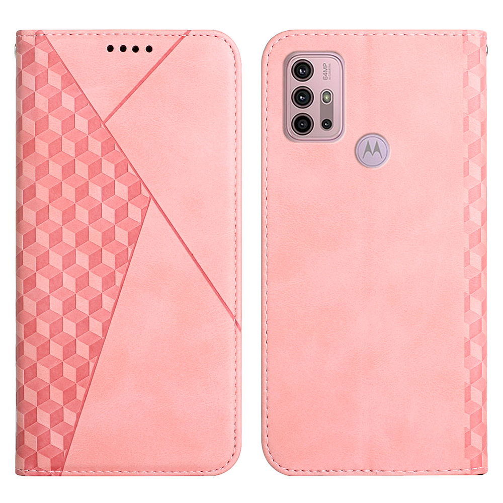 

Rhombus Pattern Skin-touch Feel Leather Flip Case Shell with Wallet Stand for Motorola Moto G30/G10/G10 Power - Rose Gold