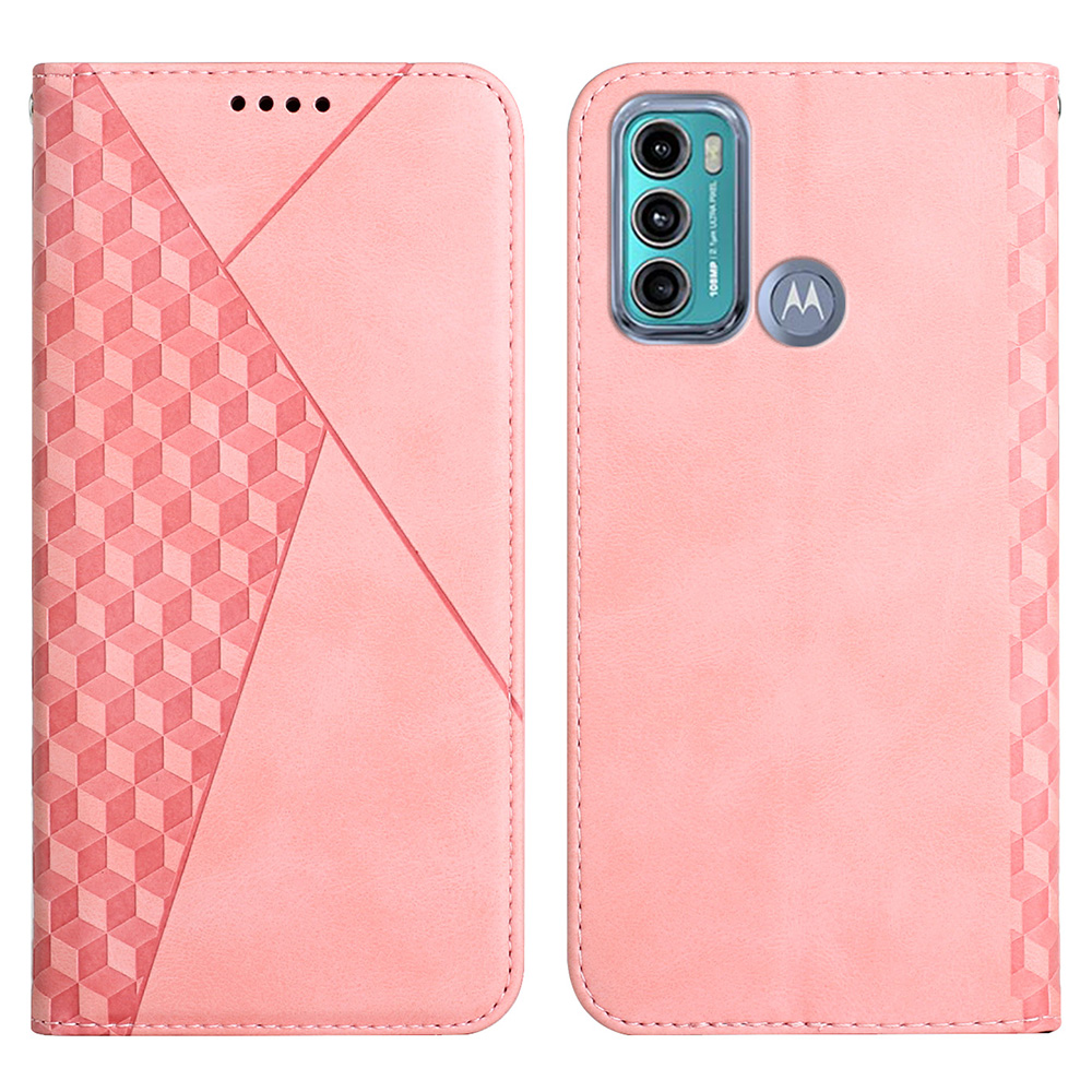 

Skin-touch Feel Rhombus Pattern Magnetic Auto-absorbed Leather Wallet Phone Case Cover for Motorola Moto G40 Fusion/G60 - Rose Gold