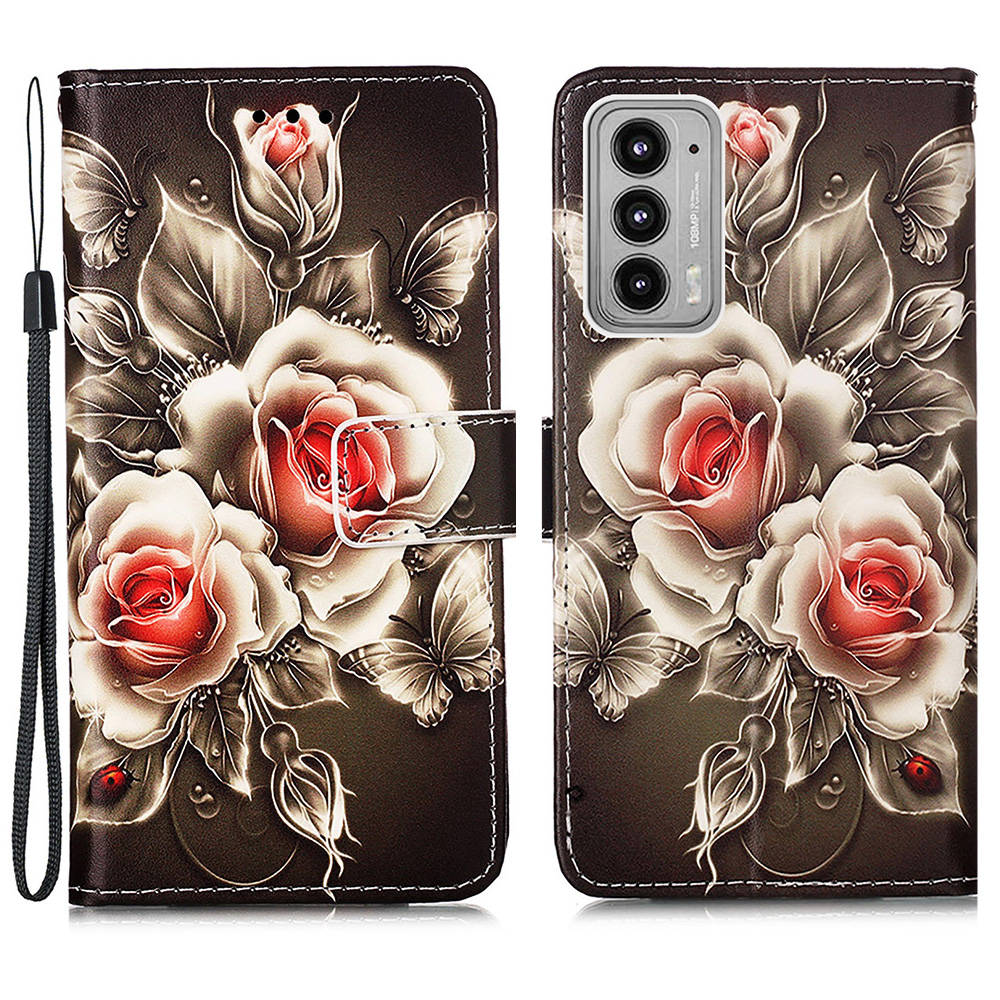 

Stilvolle Musterdruck Stoßfest Anti-Drop-Wallet-Stand-Design-Leder-Abdeckungsfall Mit Handgelenkband Für Motorola-Kante 20 - Rose, Motorola Edge 20