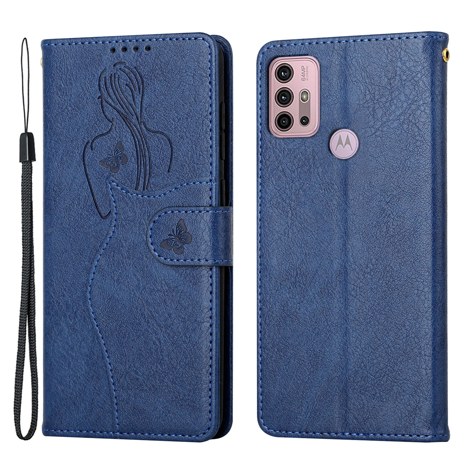 

pu en Cuir Portefeuille Case de Flip Modèle de Fille D'empreinte Couvercle de Protection du Support Avec Bracelet Pour Motorola Moto G30 / Moto G10 - Bleu, Motorola Motorola Moto G30