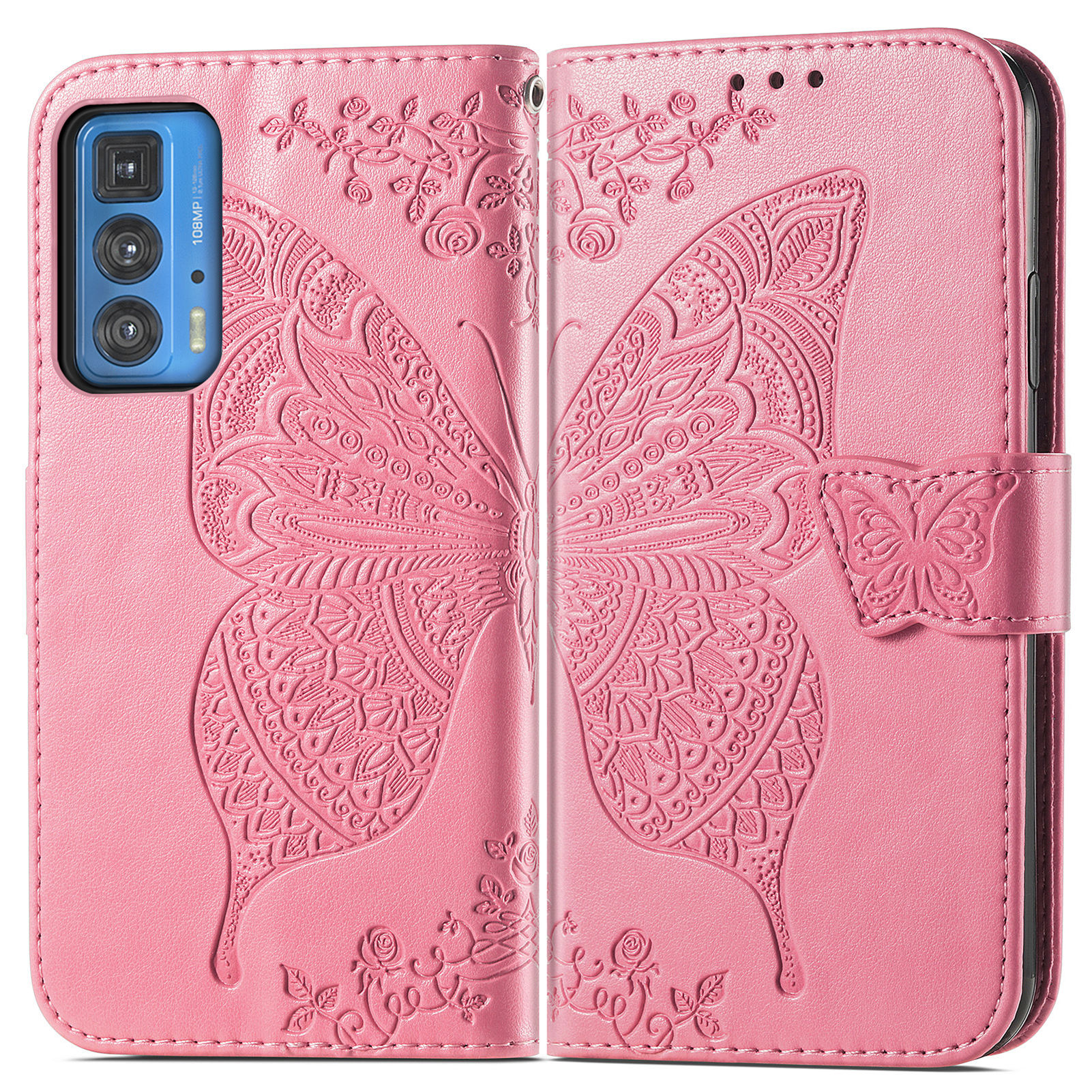 

Fleur De Papillon Imprimé Portefeuille Portefeuille Coque En Cuir Avec Sangle Pour Motorola Edge 20 Pro - Rose, Motorola Motorola Edge 20 Pro