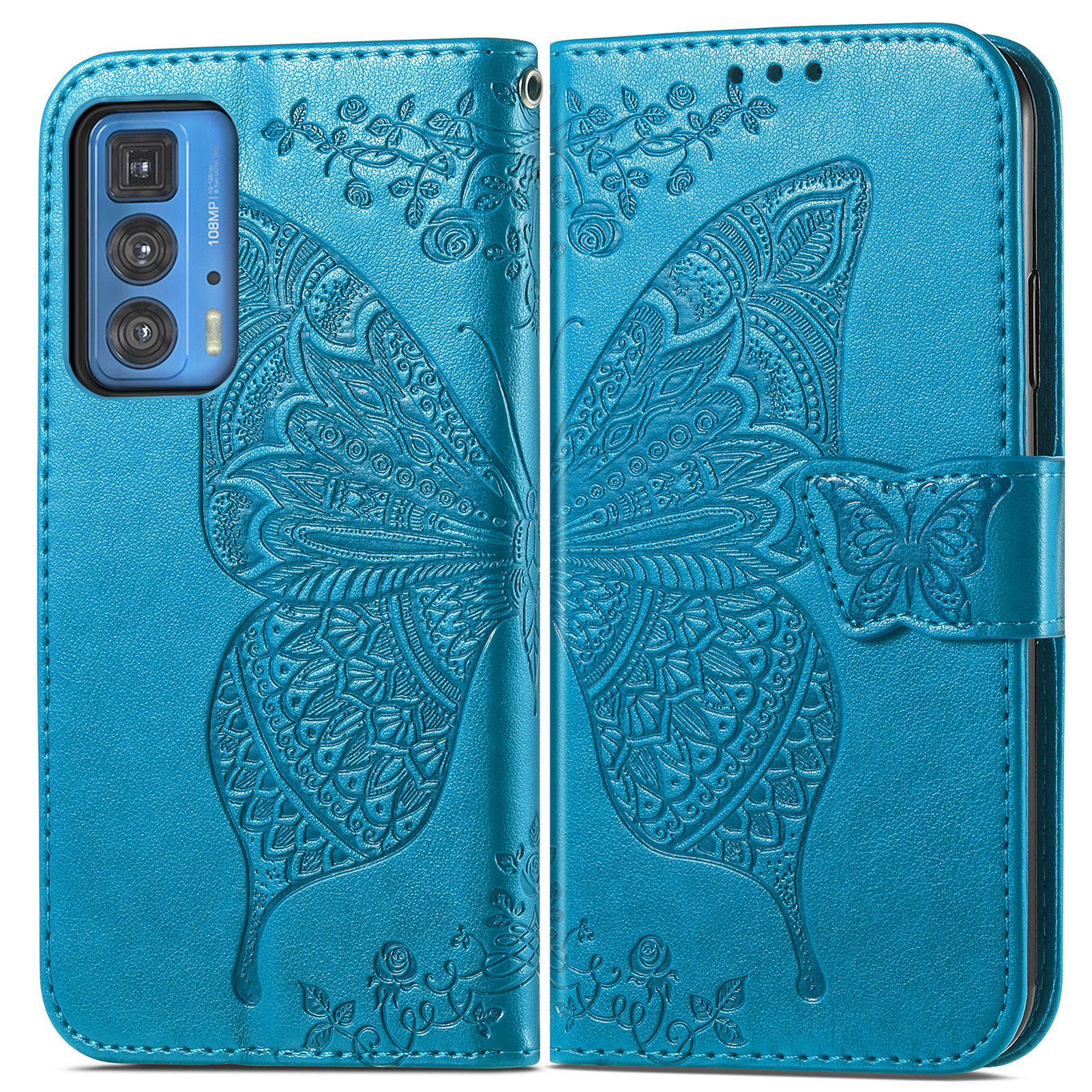 

Fleur De Papillon Imprimé Portefeuille Portefeuille Coque En Cuir Avec Sangle Pour Motorola Edge 20 Pro - Bleu, Motorola Motorola Edge 20 Pro