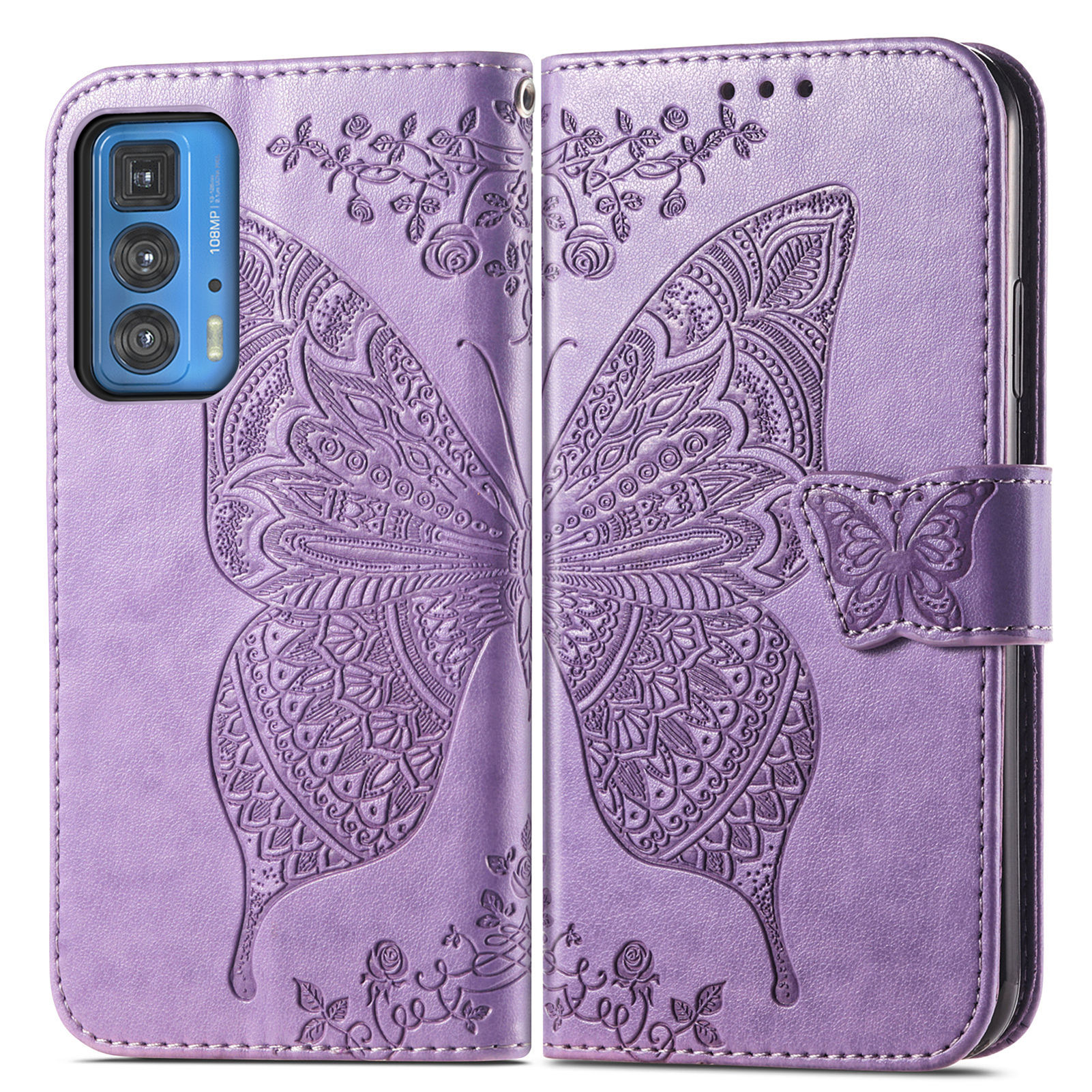

Butterfly Flower Imprinted Phone Wallet Stand Case Leather Cover with Strap for Motorola Edge 20 Pro - Light Purple, Motorola Motorola Edge 20 Pro