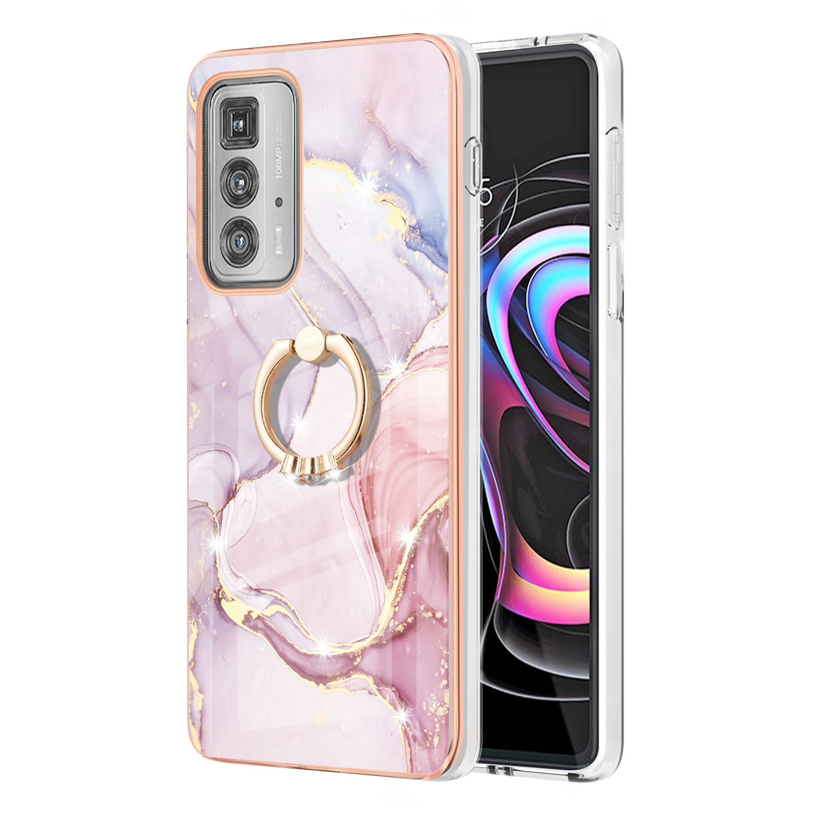 

Kickstand-design No-Cracking TPU Deckungselektroplierende Rahmen No-Fading IMD Marmor Muster IML Telefonhülle Für Motorola Edge 20 Pro - Roségold 005, Motorola Edge 20 Pro