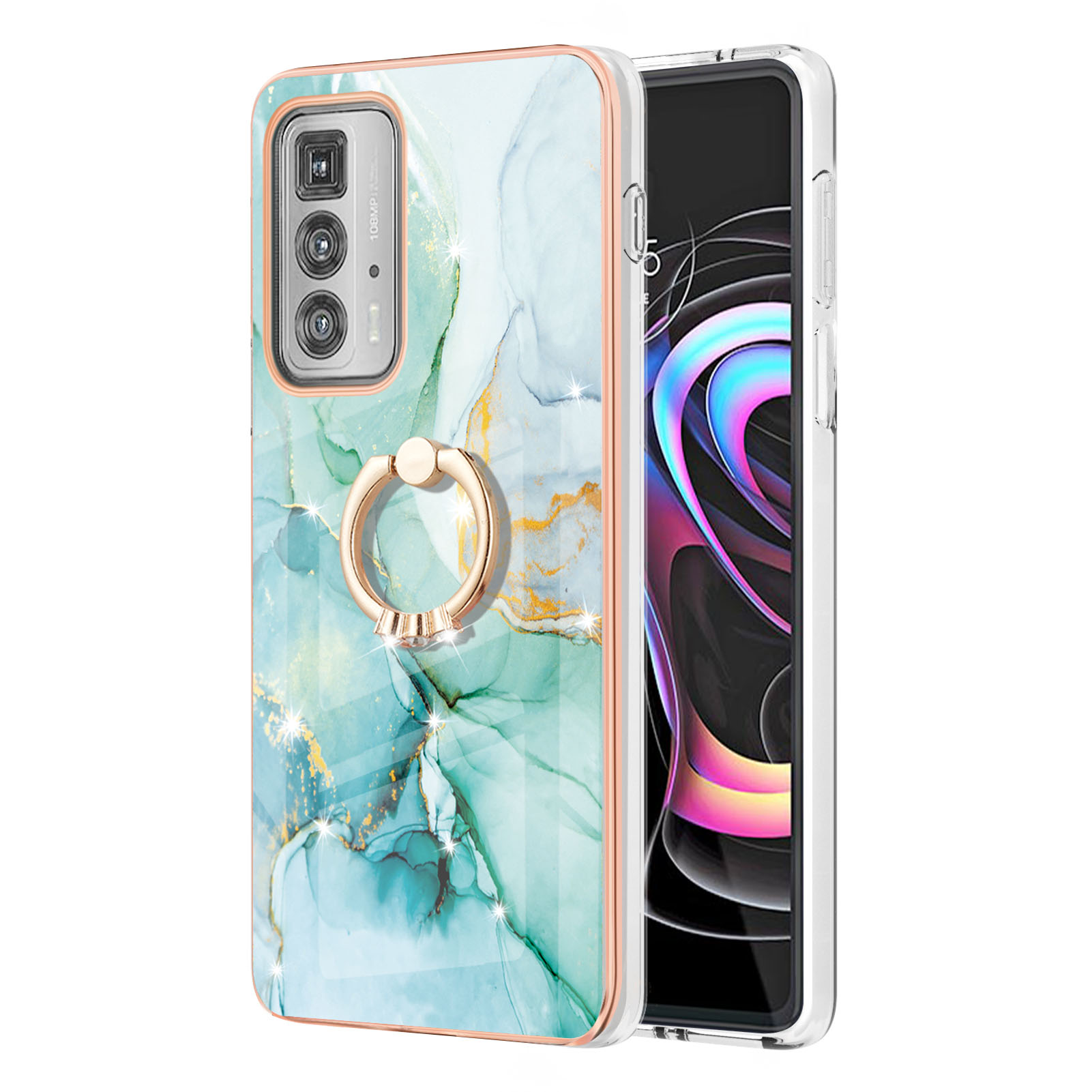 

Kickstand-design No-Cracking TPU Deckungselektroplierende Rahmen No-Fading IMD Marmor Muster IML Telefonhülle Für Motorola Edge 20 Pro - Grün 003, Motorola Edge 20 Pro