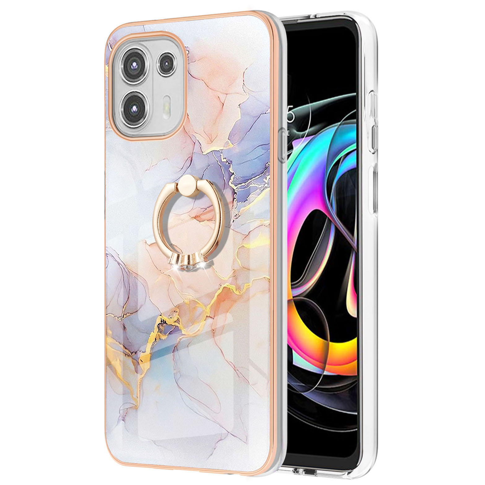 

IMD Design Marble Pattern Scratch-Resistant Flexible TPU Phone Cover Back Protector Case with Ring Kickstand for Motorola Edge 20 Lite - Milky Way Marble White