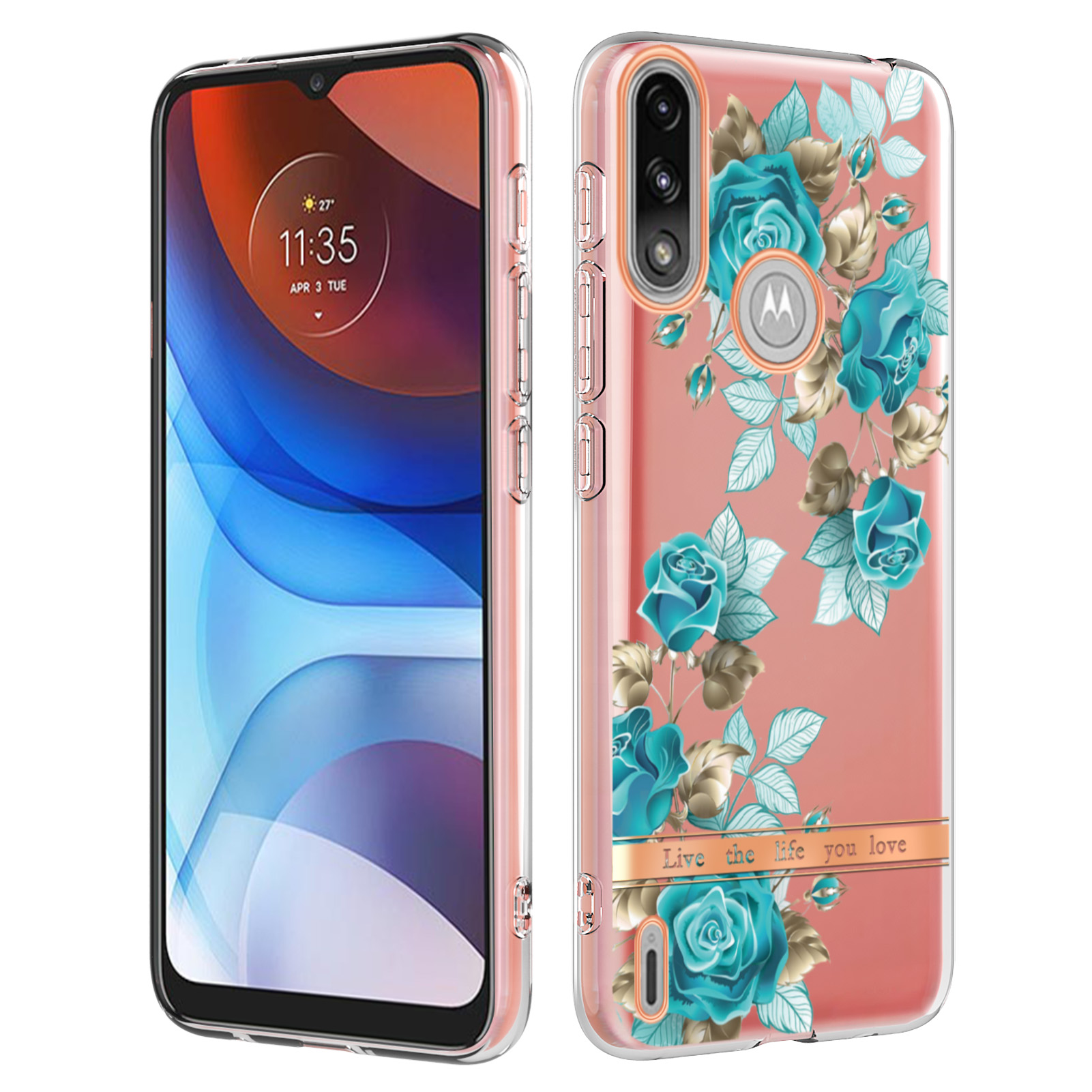 

Lettre de Fleur Tpu Couvercle Électroplate IML IMD Anticratch Téléphone Pour Motorola Moto E7 Power - Rose Bleue HC002