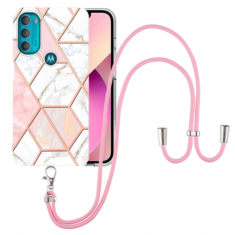 

YB IMD Series-5 IML TPU Téléphone Téléphone Pour Motorola Moto G71 5G, Anti-Fall Electroplate IML Marble Pattern Case + Lanyard - Rose / Blanc