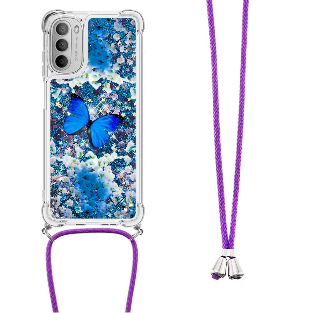 

YB Quicksand Series-5 Für Motorola Moto G (2022) Muster Druckphase Hülle Flüssige Quicksand Anti-Fall-Fall-TPU-Shell Mit Lanyard - Blauer Schmetterling, Motorola Moto G (2022) 5G