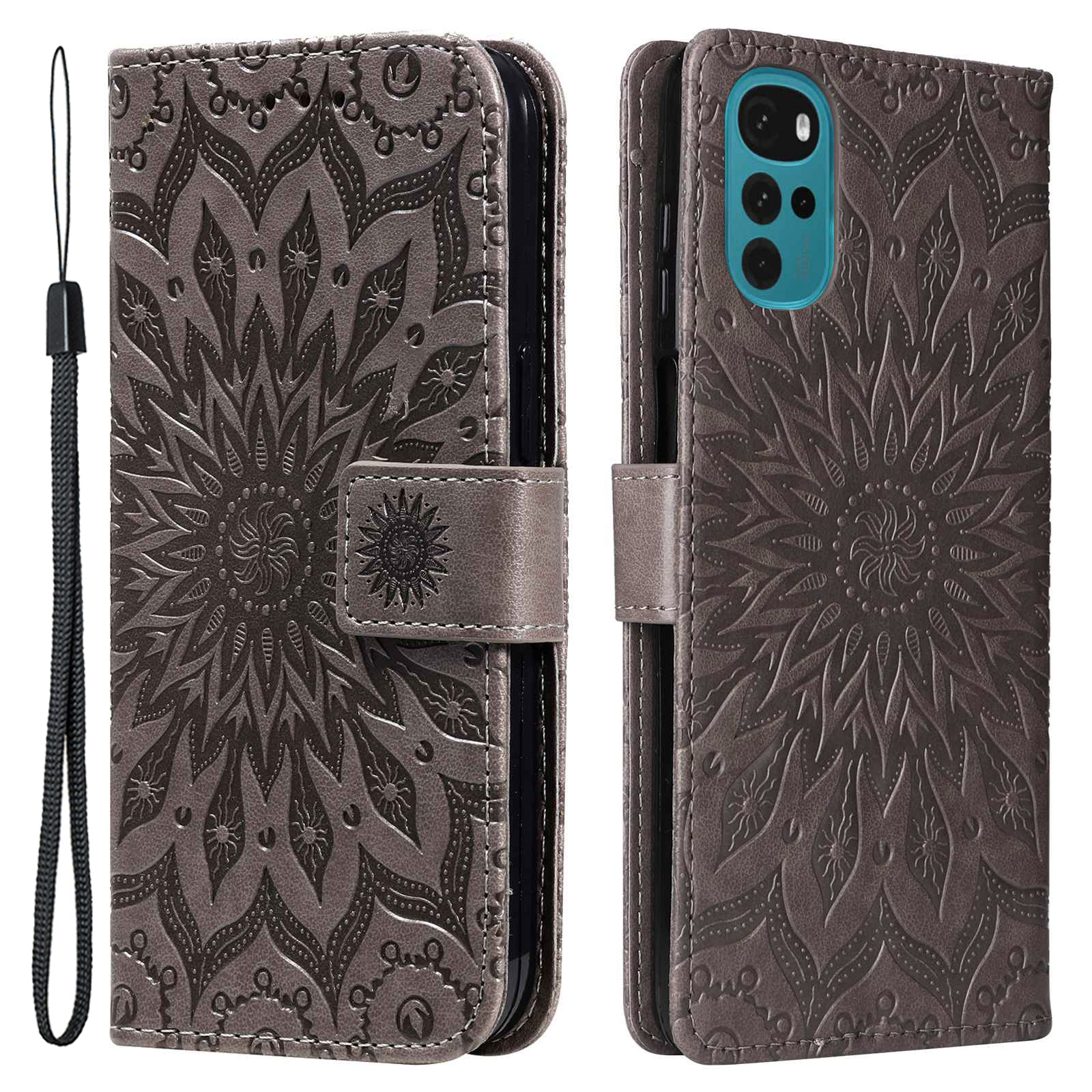 

KT Spruding Flower Series-1 Für Motorola Moto G22 Sprudel Mandala Sonnenmuster Telefonständer PU Leder Brieftasche - Grau, Motorola Moto G22
