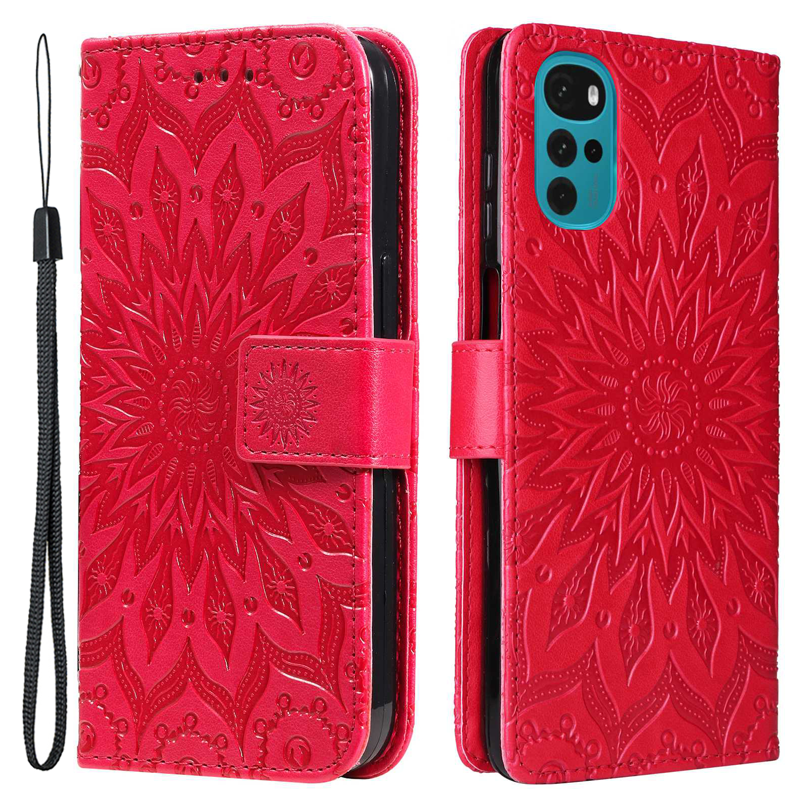 

KT Spruding Flower Series-1 Für Motorola Moto G22 Sprudel Mandala Sonnenmuster Telefonständer PU Leder Brieftasche - Rot, Motorola Moto G22