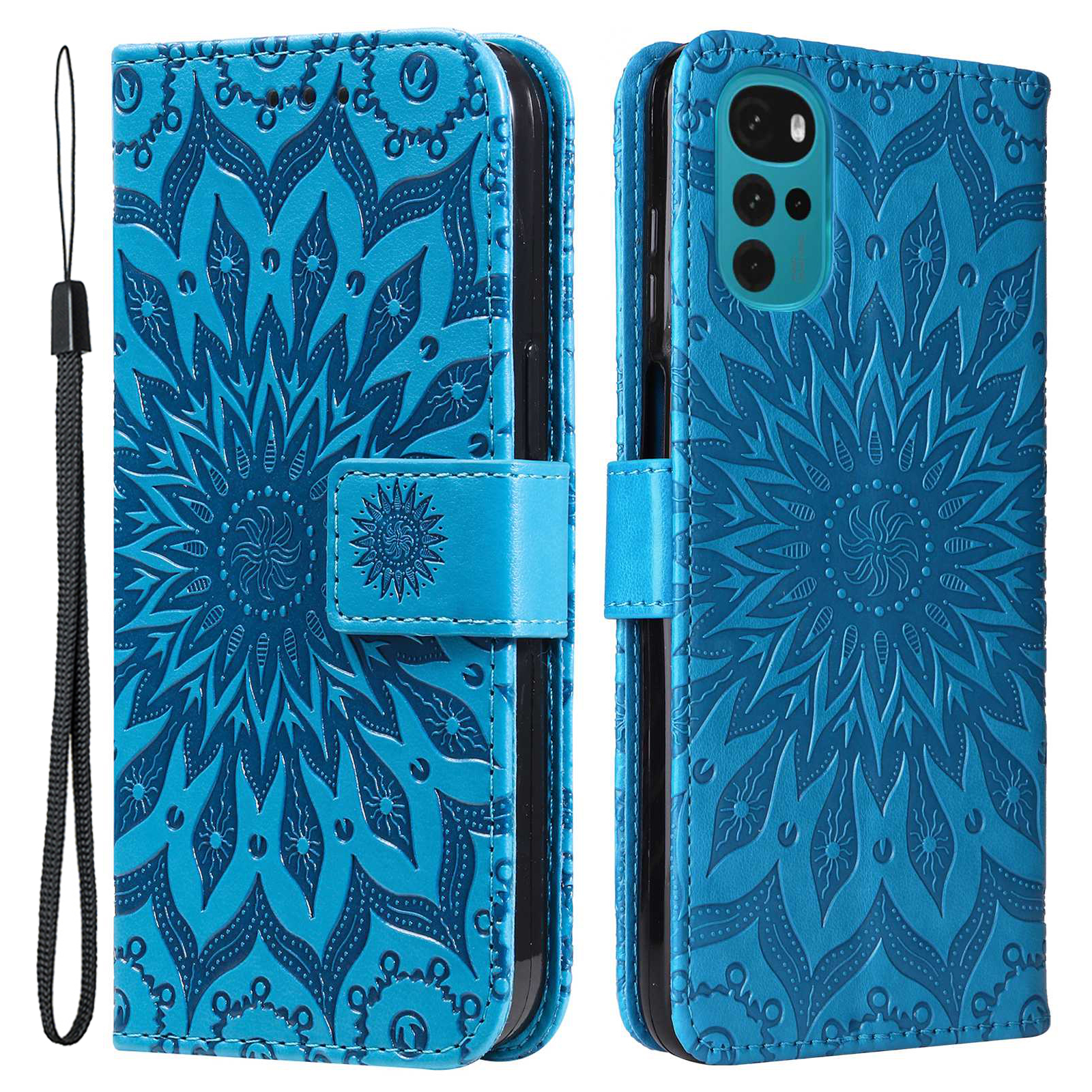 

KT Spruding Flower Series-1 Für Motorola Moto G22 Sprudel Mandala Sonnenmuster Telefonständer PU Leder Brieftasche - Blau, Motorola Moto G22