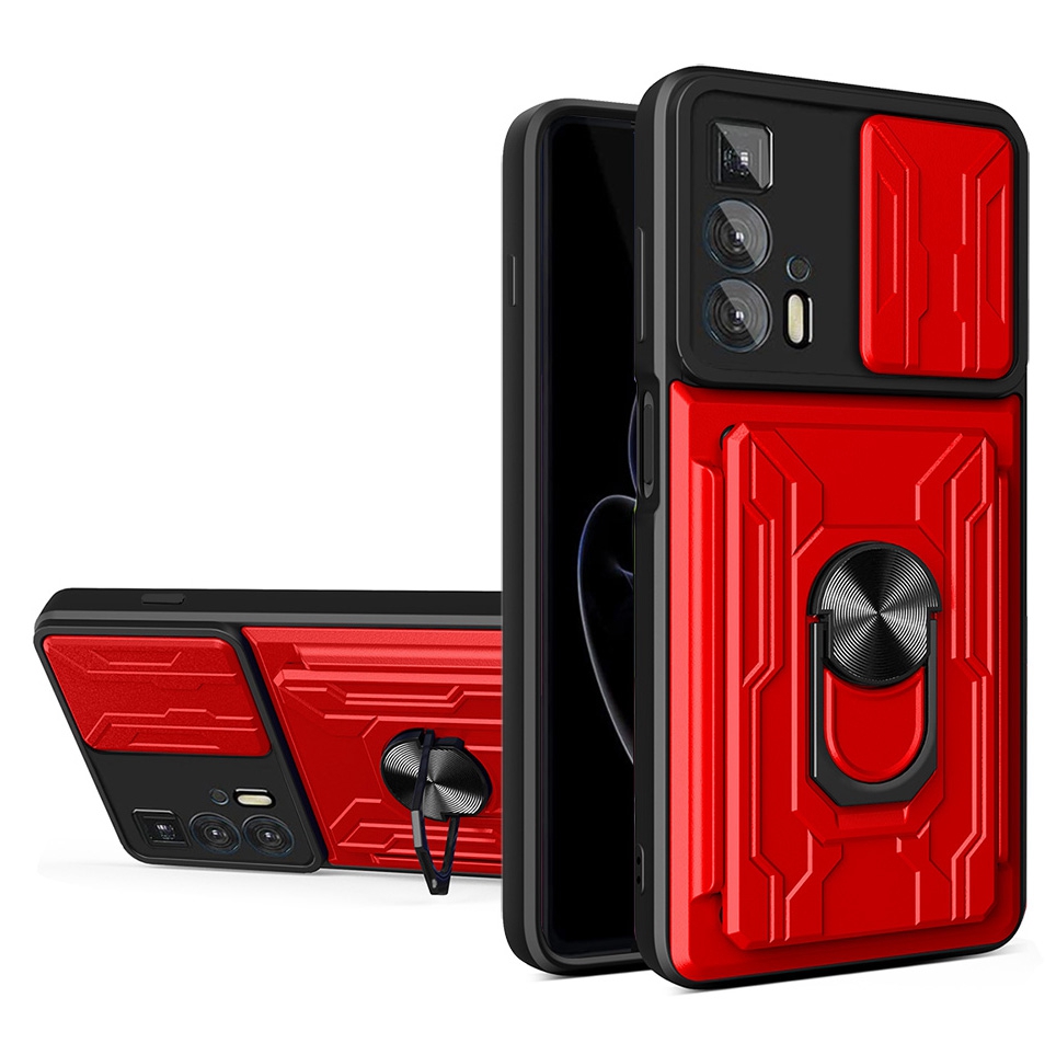 

PC + TPU -hülle Für Motorola Edge 20 Pro, Kartenhalter Ring Kickstand Schockdelefonabdeckung Mit Dia -kameraschutz - Rot, Motorola Edge 20 Pro