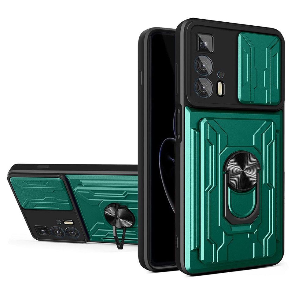 

PC + TPU -hülle Für Motorola Edge 20 Pro, Kartenhalter Ring Kickstand Schockdelefonabdeckung Mit Dia -kameraschutz - Schwarzgrün, Motorola Edge 20 Pro