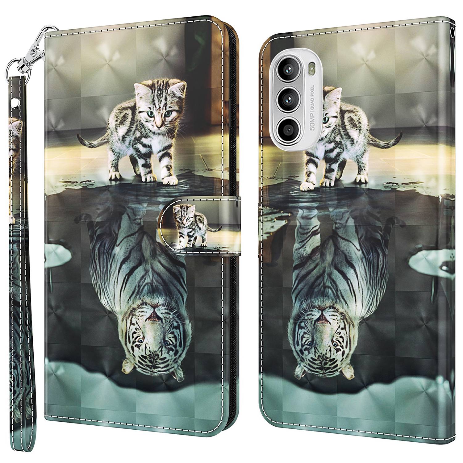 

Muster Bedrucktes Telefongehäuse Für Motorola Moto G52 4G, Brieftaschenfunktion Anti-Kratzer-Anti-Fall-PU-Lederschale Mit Ständer - Katze Und Tiger, Motorola Moto G52 4G